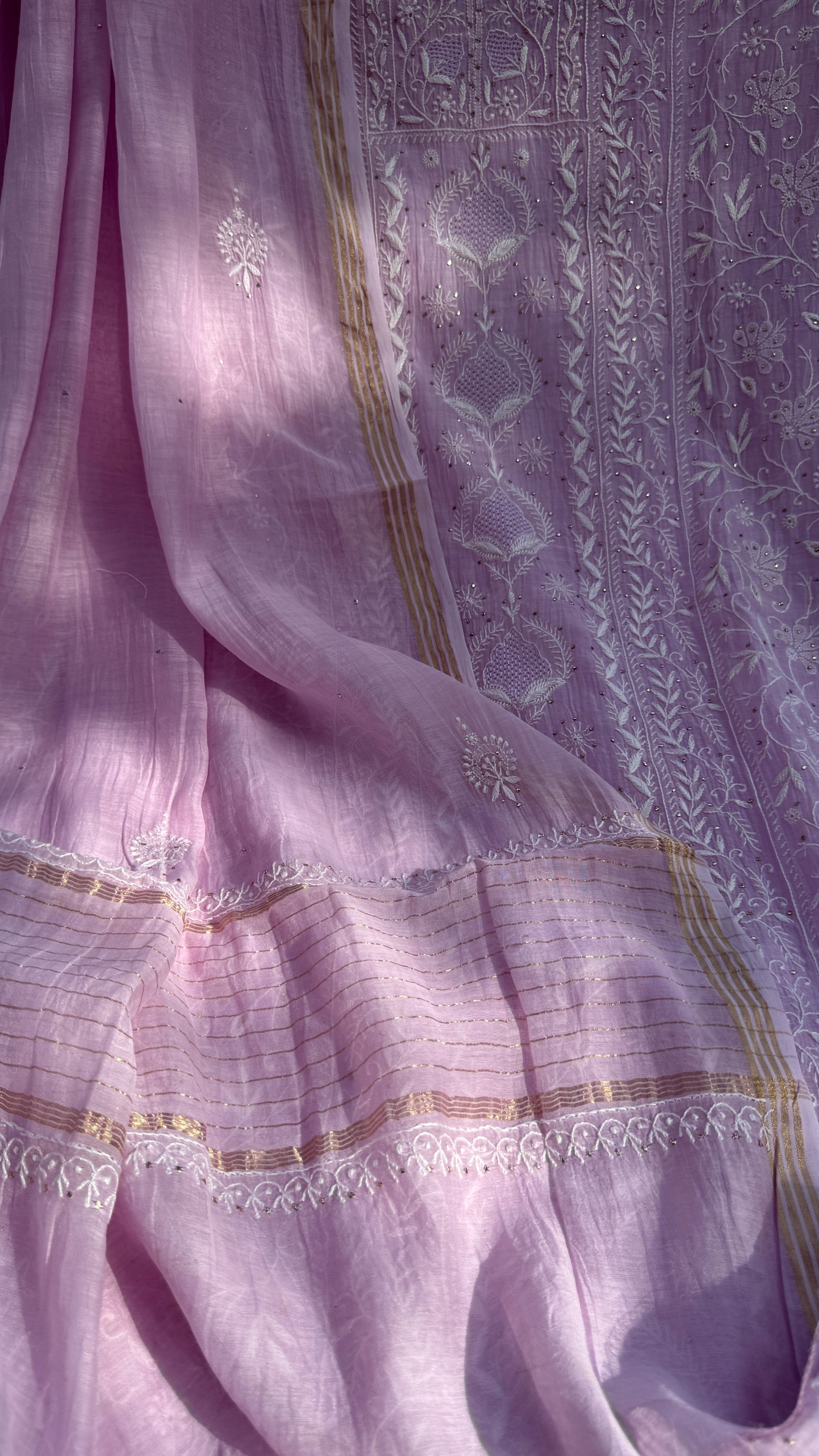 Mul Chanderi Chikankari Unstitched Length with Dupatta with Mukaish Add-On - Lilac