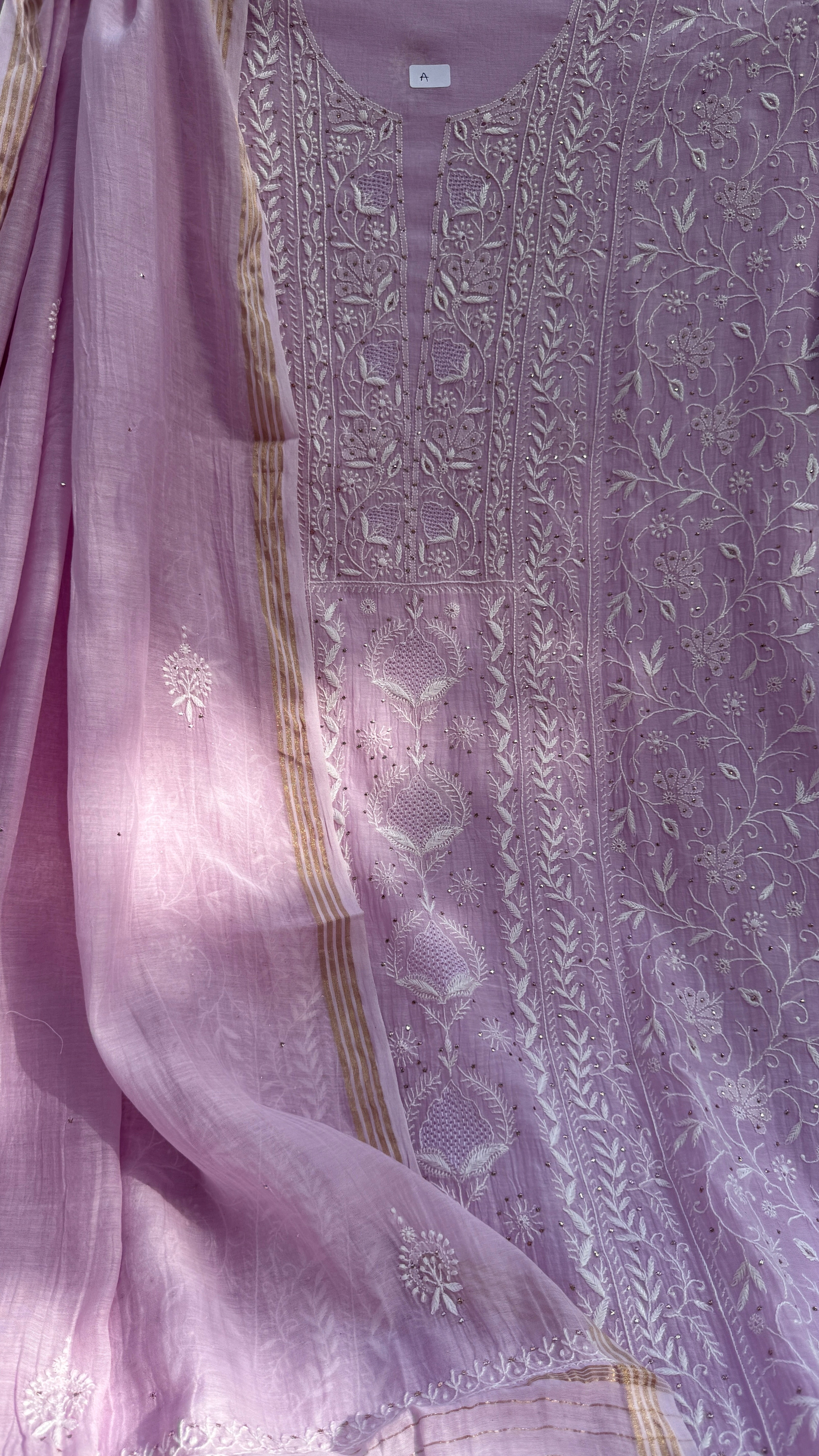 Mul Chanderi Chikankari Unstitched Length with Dupatta with Mukaish Add-On - Lilac