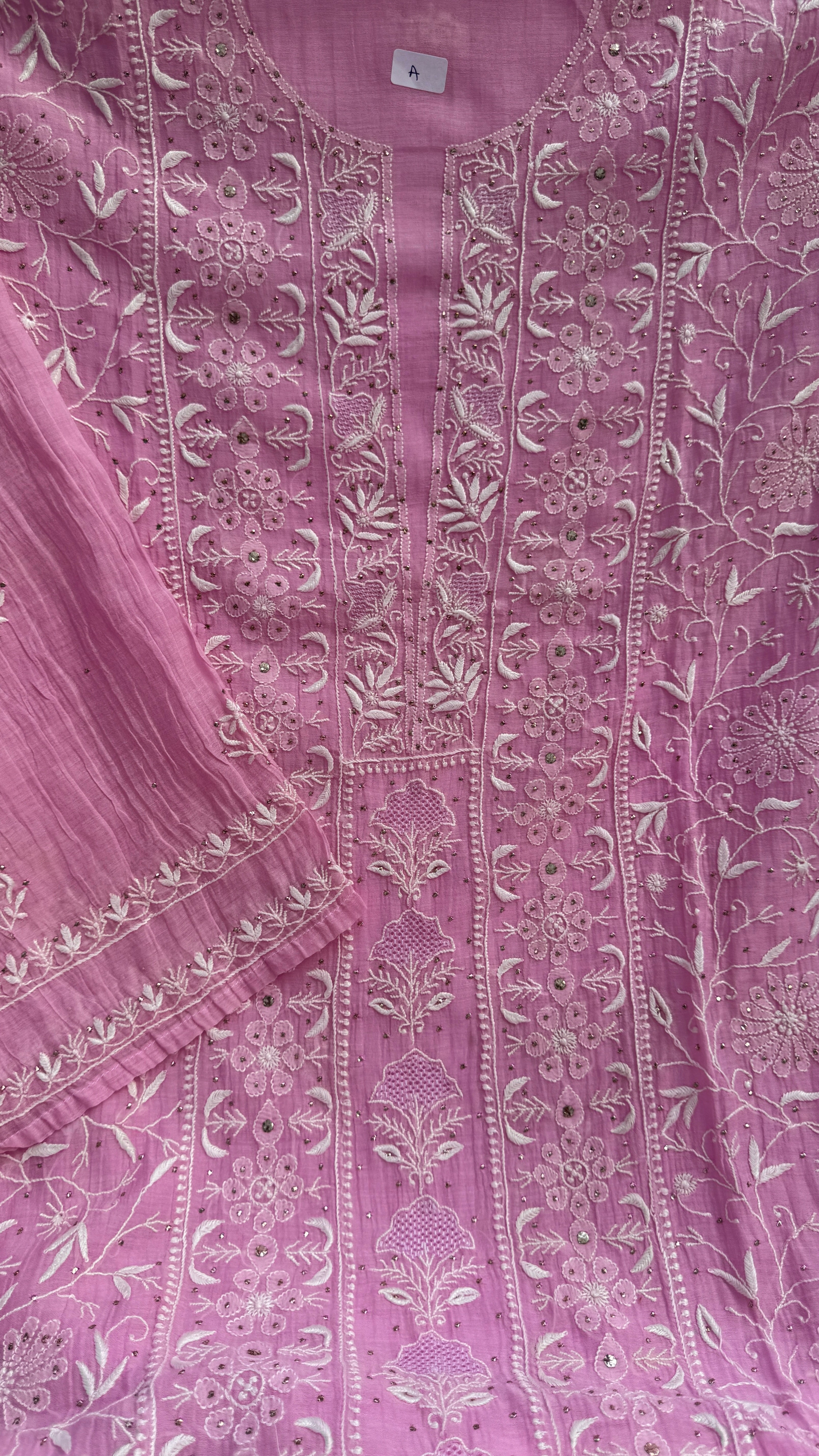 Mul Chanderi Chikankari Unstitched Length with Dupatta with Mukaish Add-On - Pink