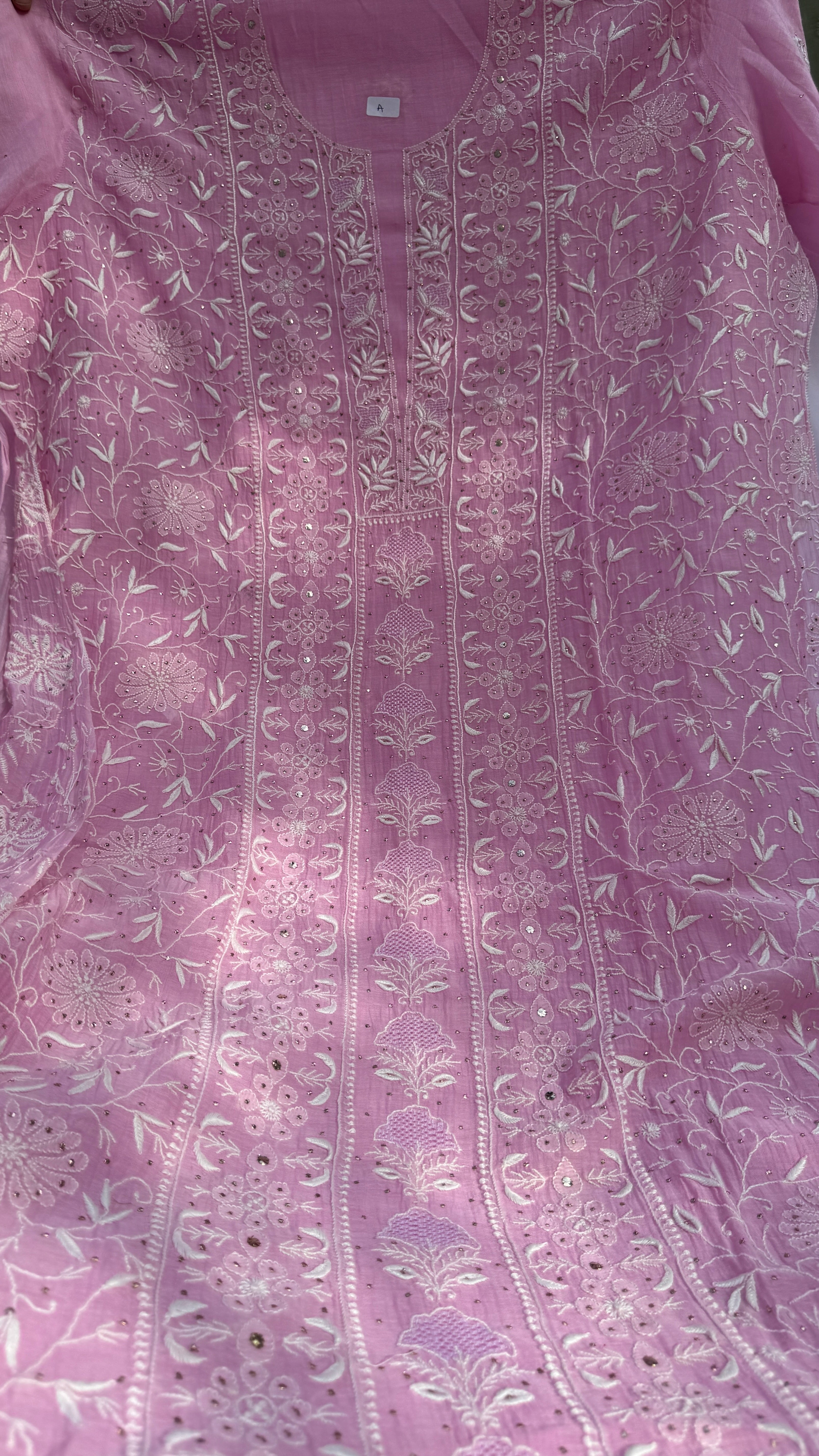 Mul Chanderi Chikankari Unstitched Length with Dupatta with Mukaish Add-On - Pink