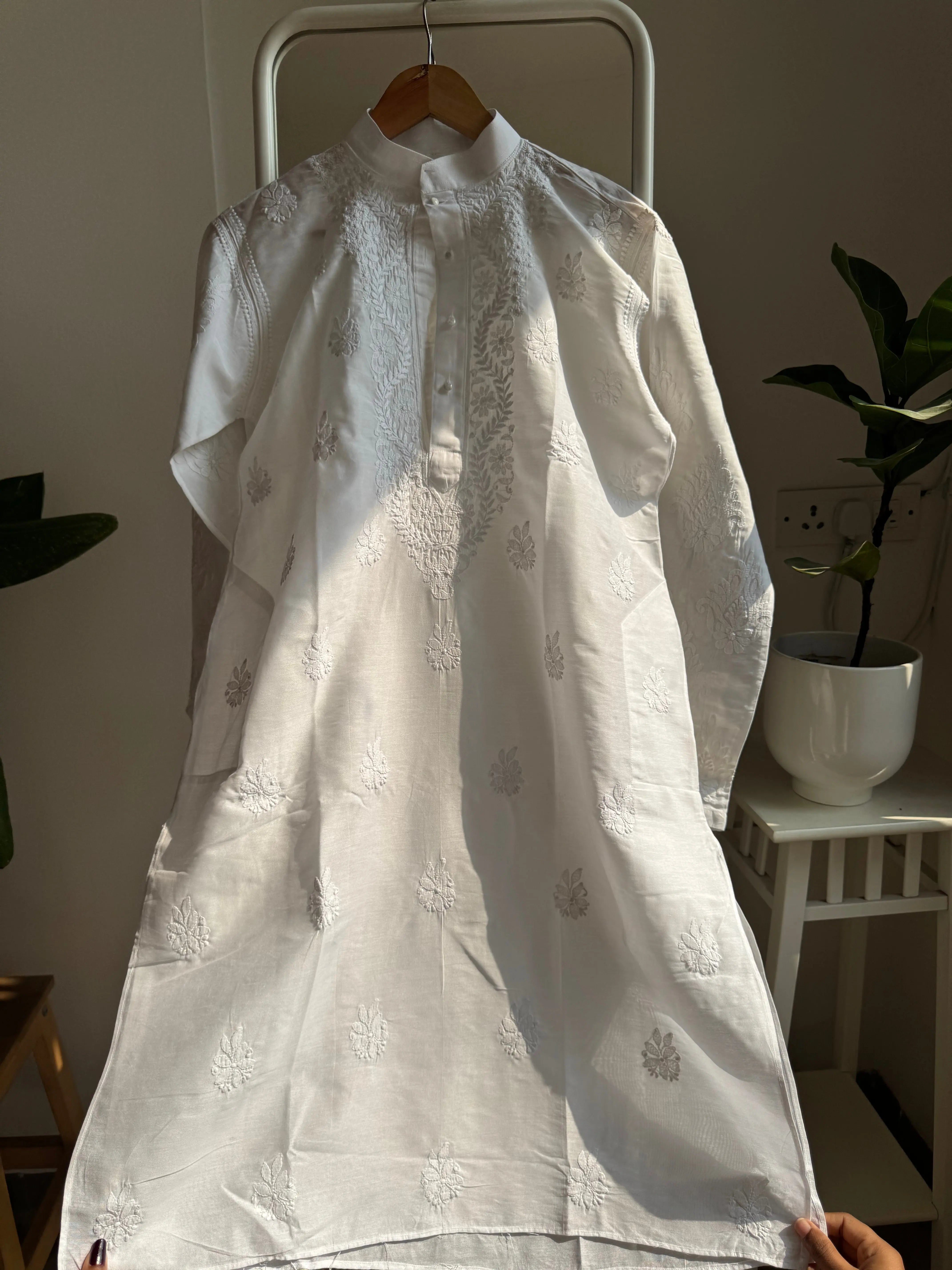 Chanderi Chikankari Kurta - White - Men's Collection ARIAA CHIKANKARI