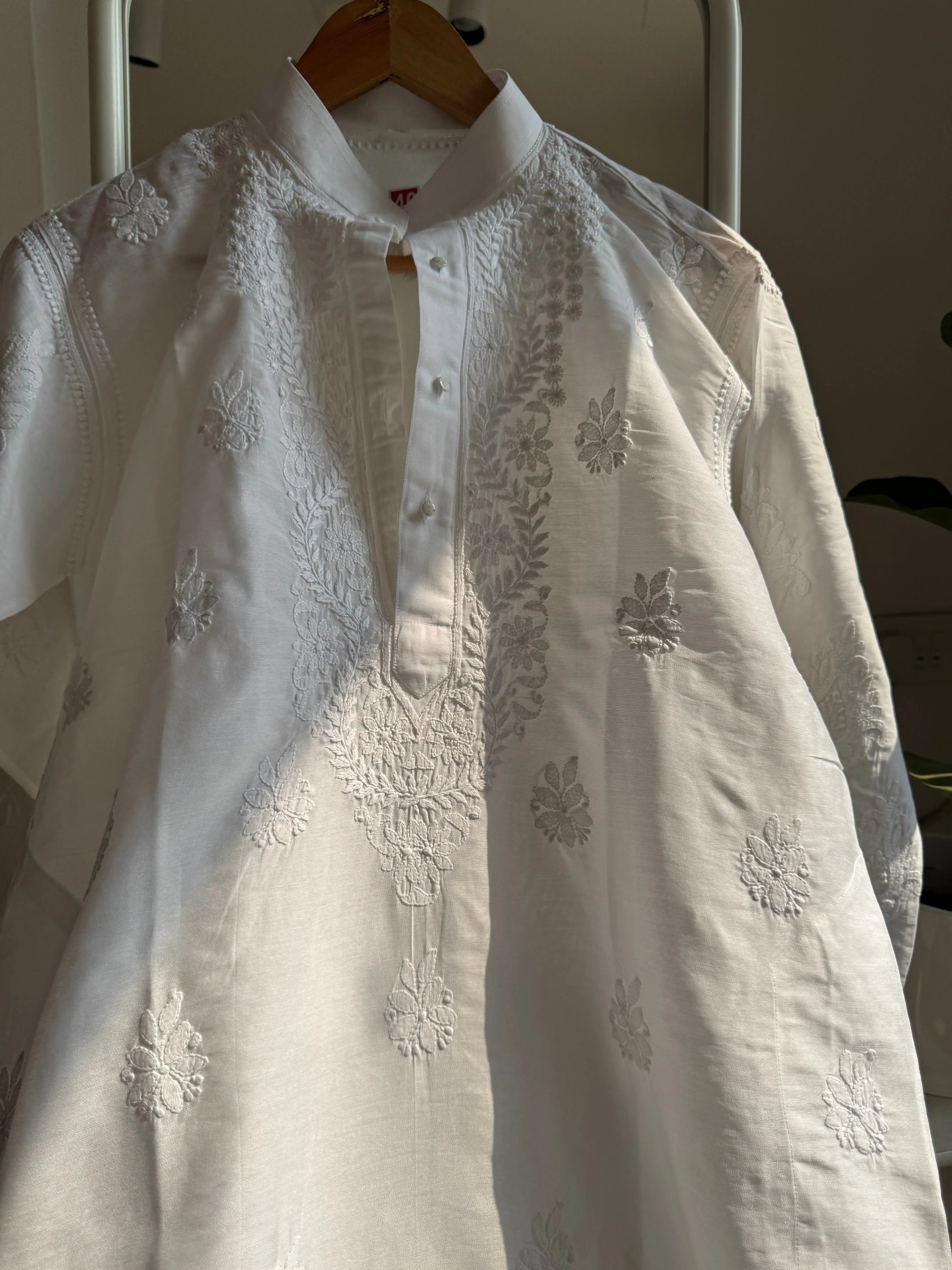 Chanderi Chikankari Kurta - White - Men's Collection ARIAA CHIKANKARI