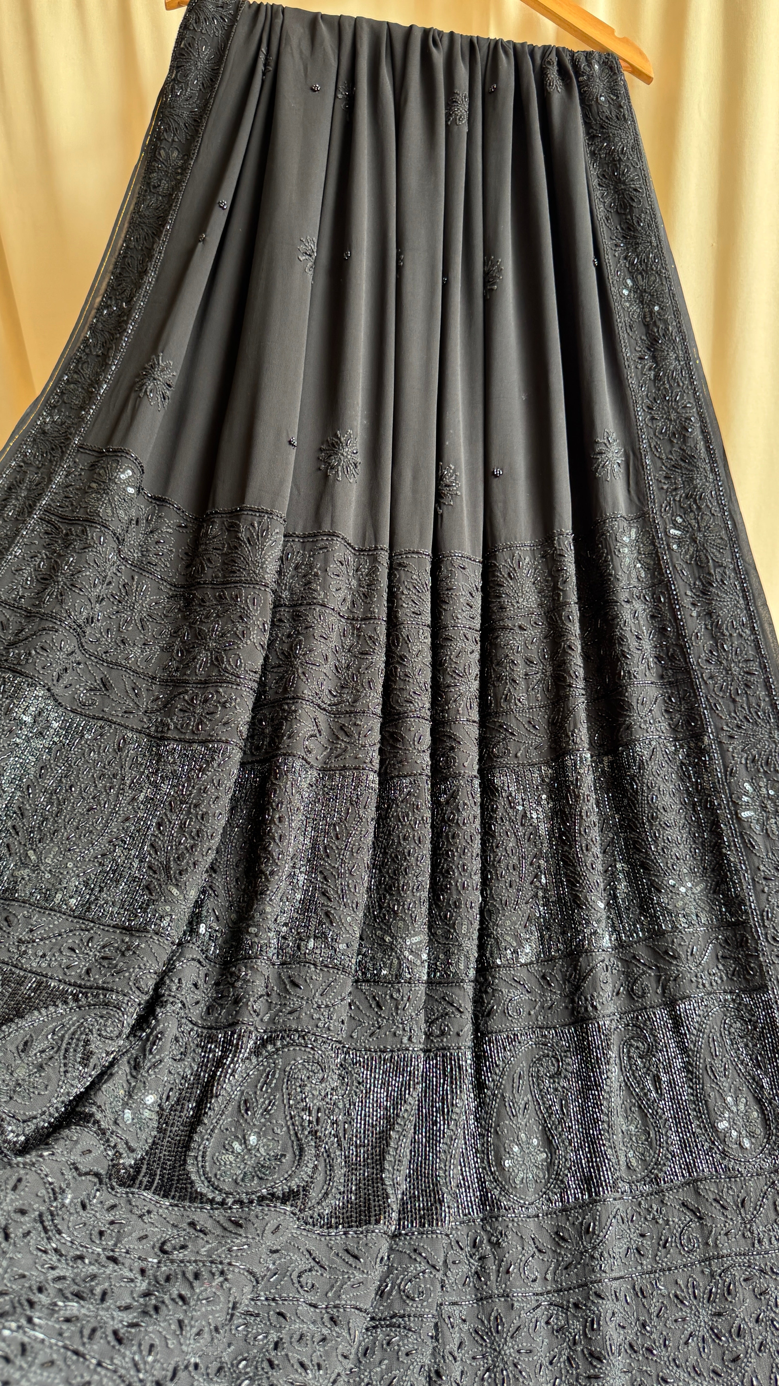 Viscose Black Chikankari saree with Pearl embellishments