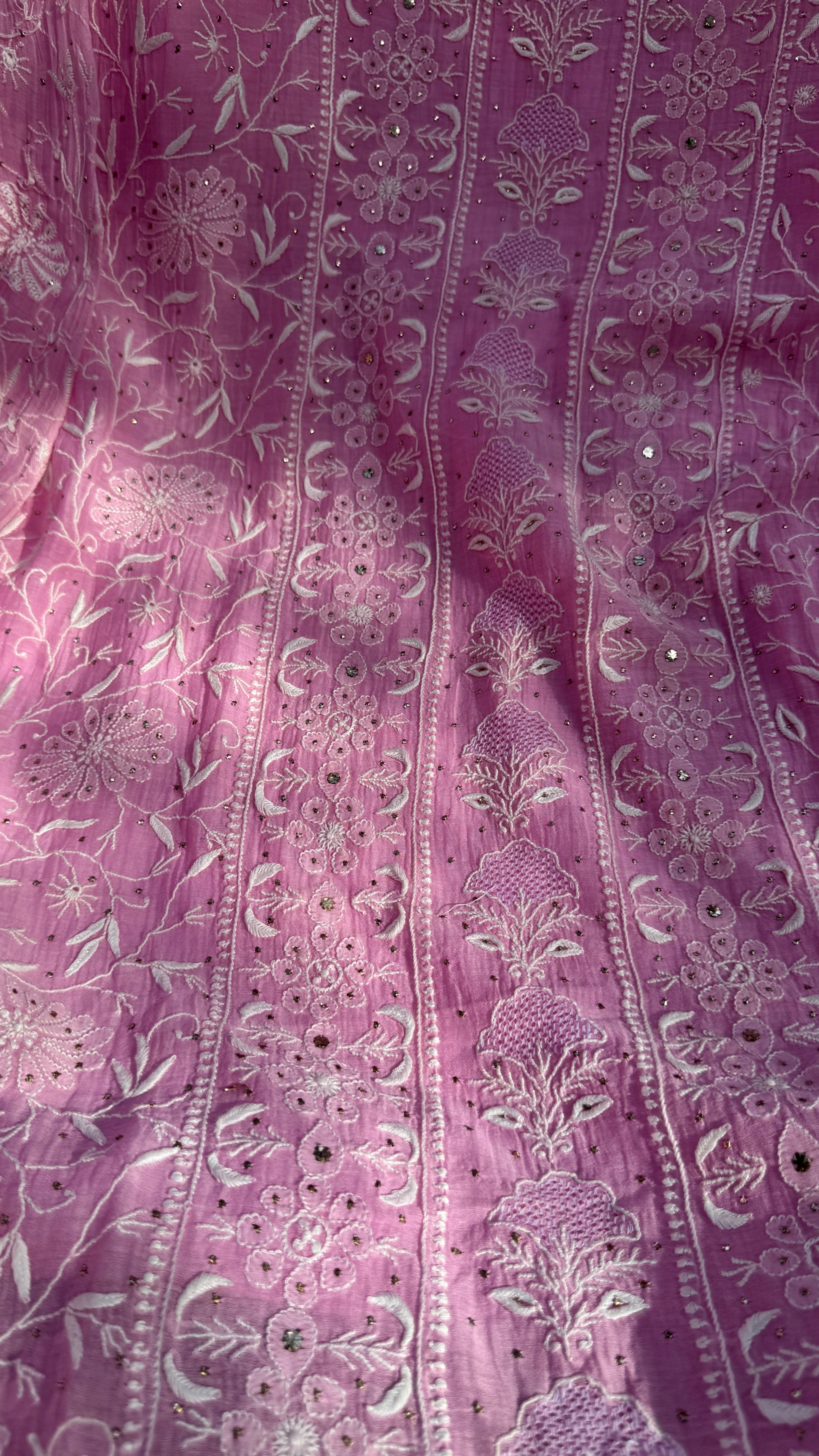 Mul Chanderi Chikankari Unstitched Length with Dupatta with Mukaish Add-On - Pink