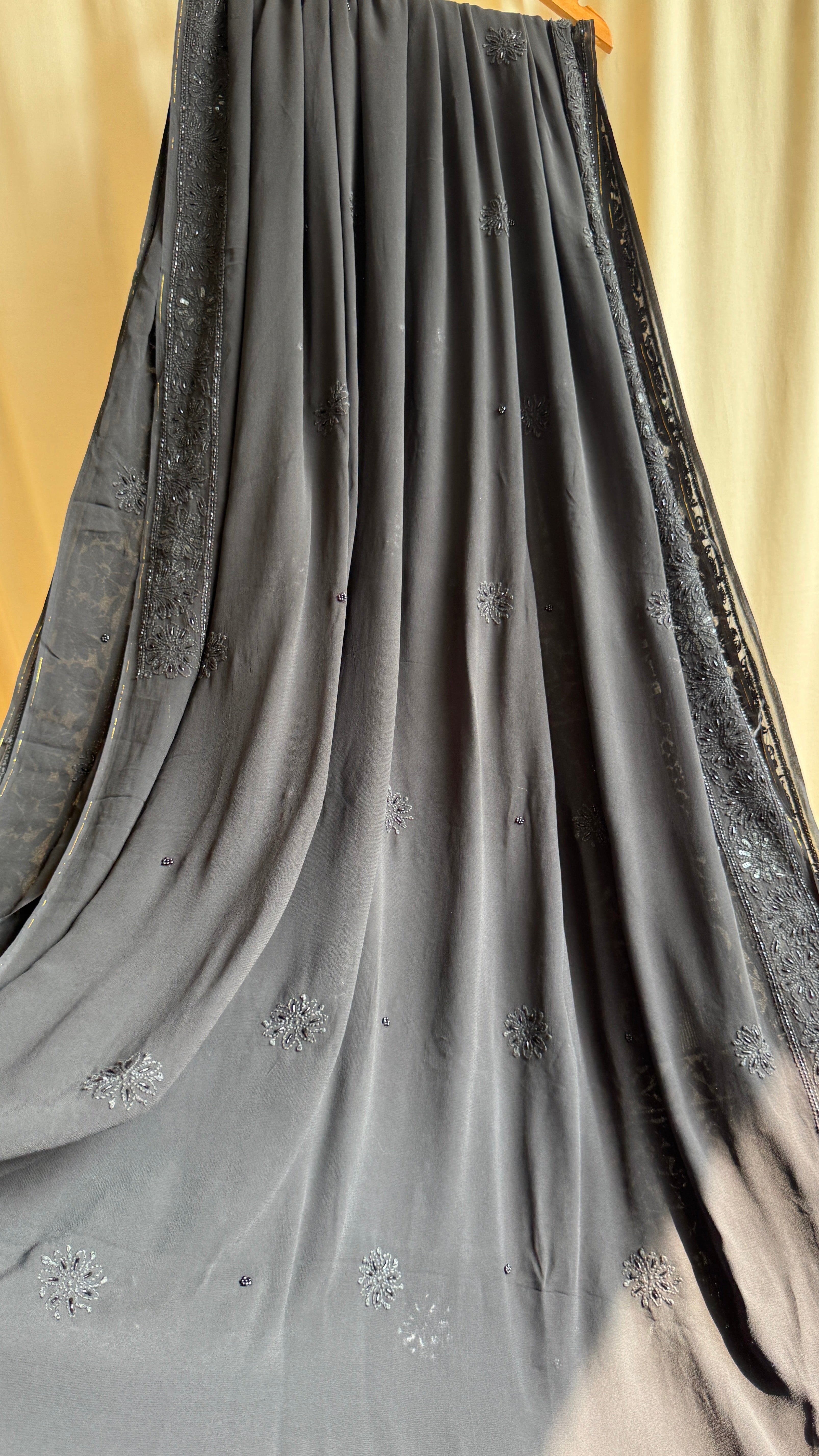 Viscose Black Chikankari saree with Pearl embellishments