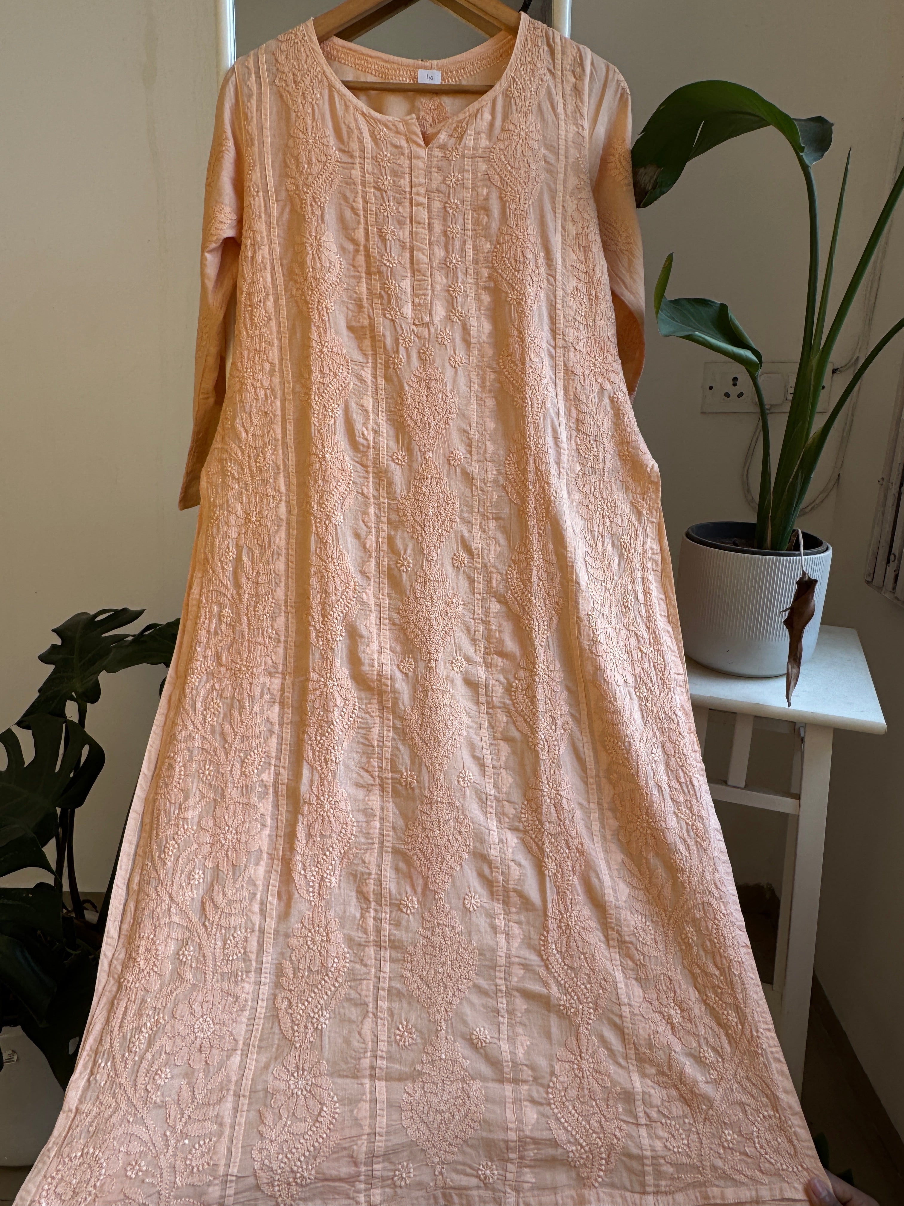 Mul Cotton Peach Chikankari Kurti - Bela Collection ARIAA CHIKANKARI