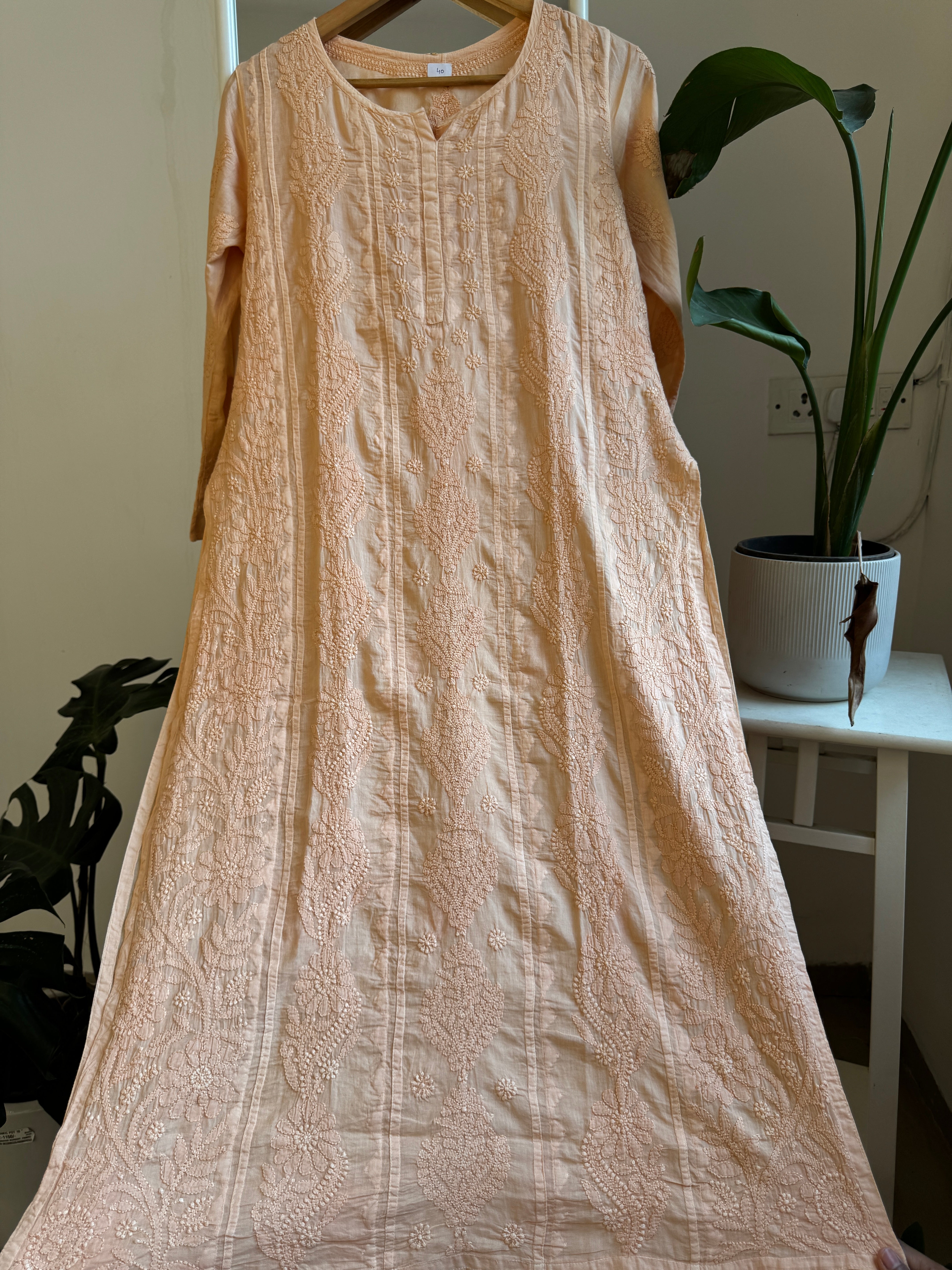 Mul Cotton Peach Chikankari Kurti - Bela Collection ARIAA CHIKANKARI
