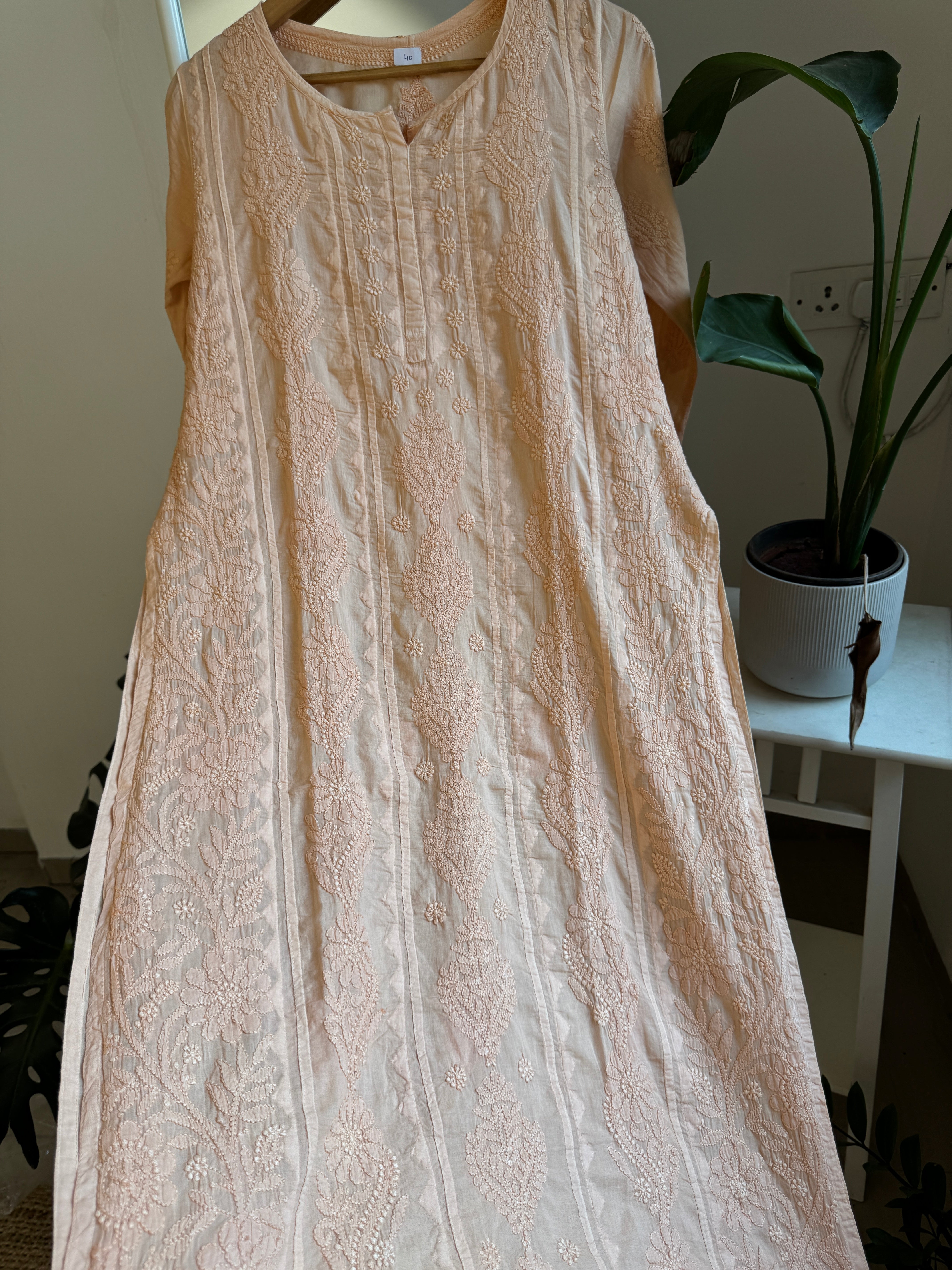 Mul Cotton Peach Chikankari Kurti - Bela Collection ARIAA CHIKANKARI