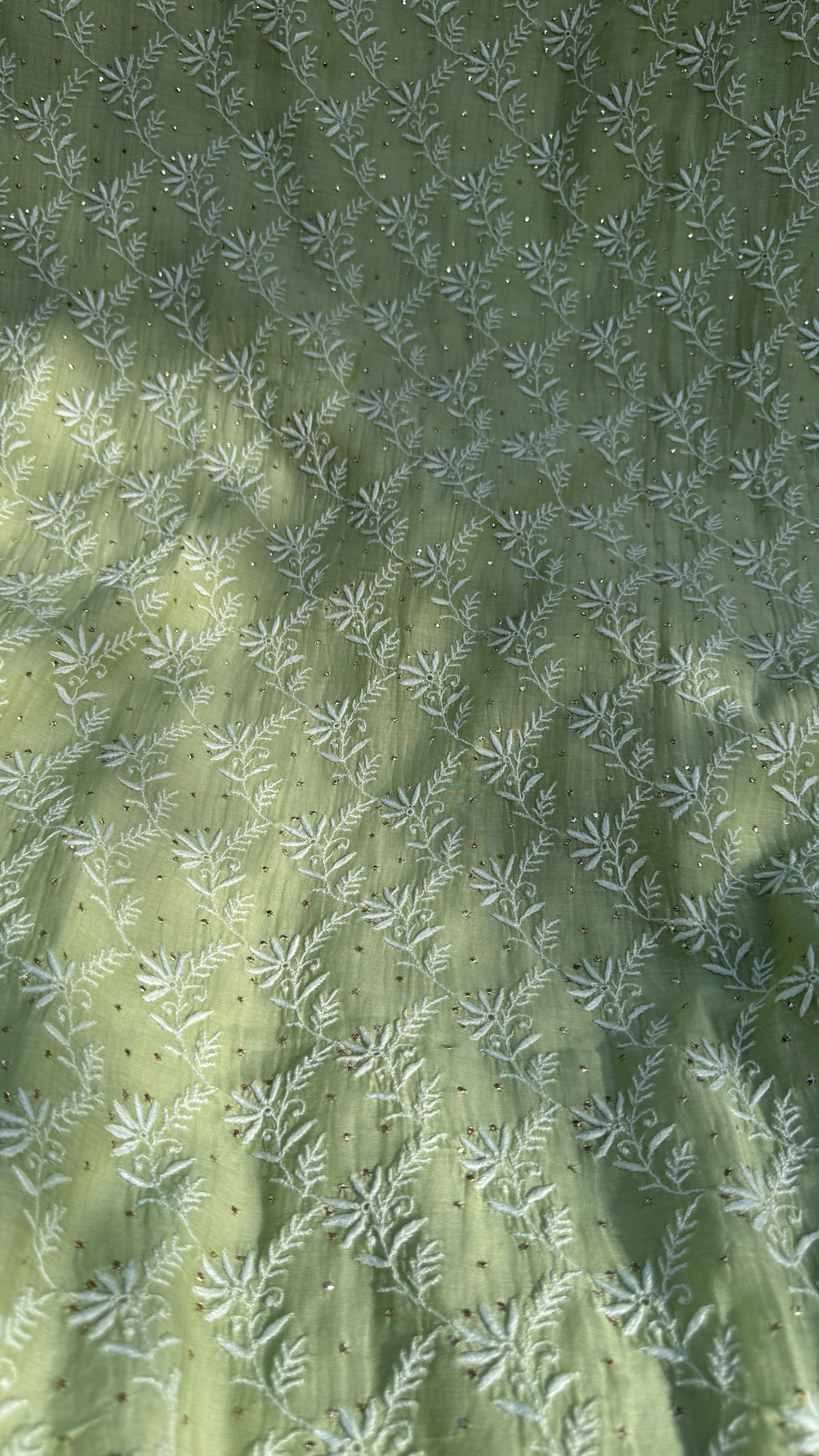 Mul Chanderi Chikankari Unstitched Length with Dupatta with Mukaish Add-On - Leaf Green