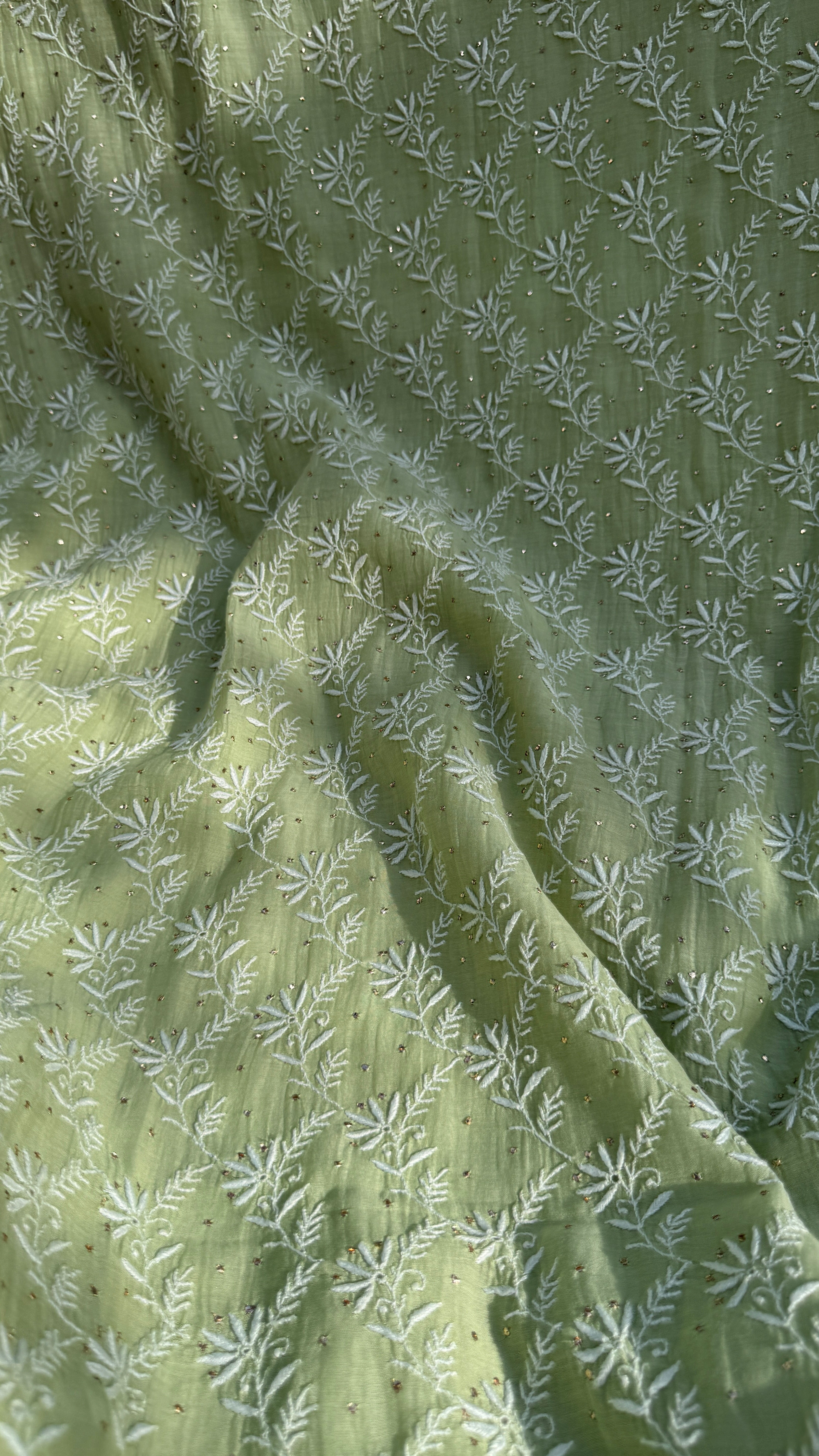 Mul Chanderi Chikankari Unstitched Length with Dupatta with Mukaish Add-On - Leaf Green