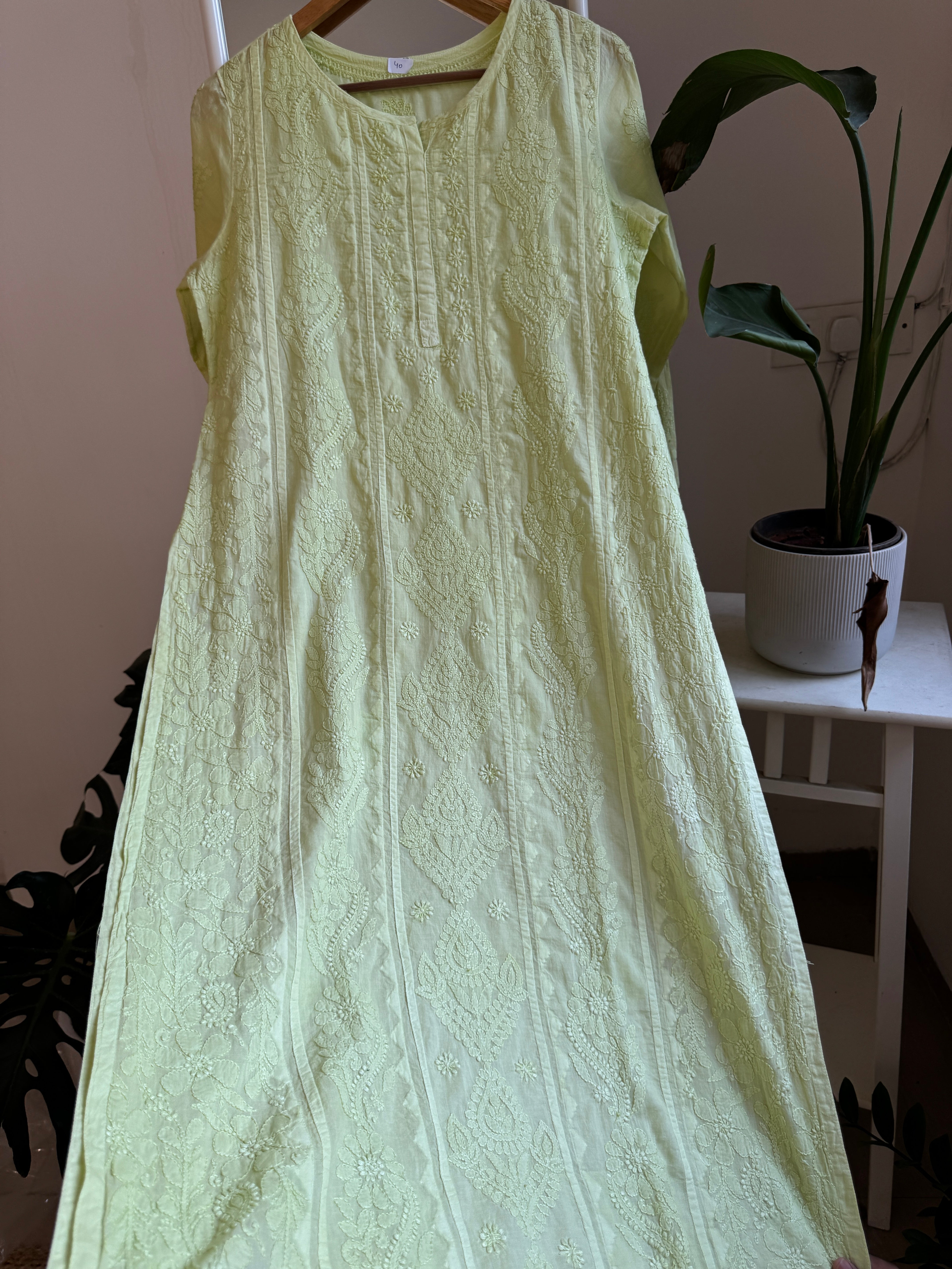 Mul Cotton Apple Green Chikankari Kurti - Bela Collection ARIAA CHIKANKARI