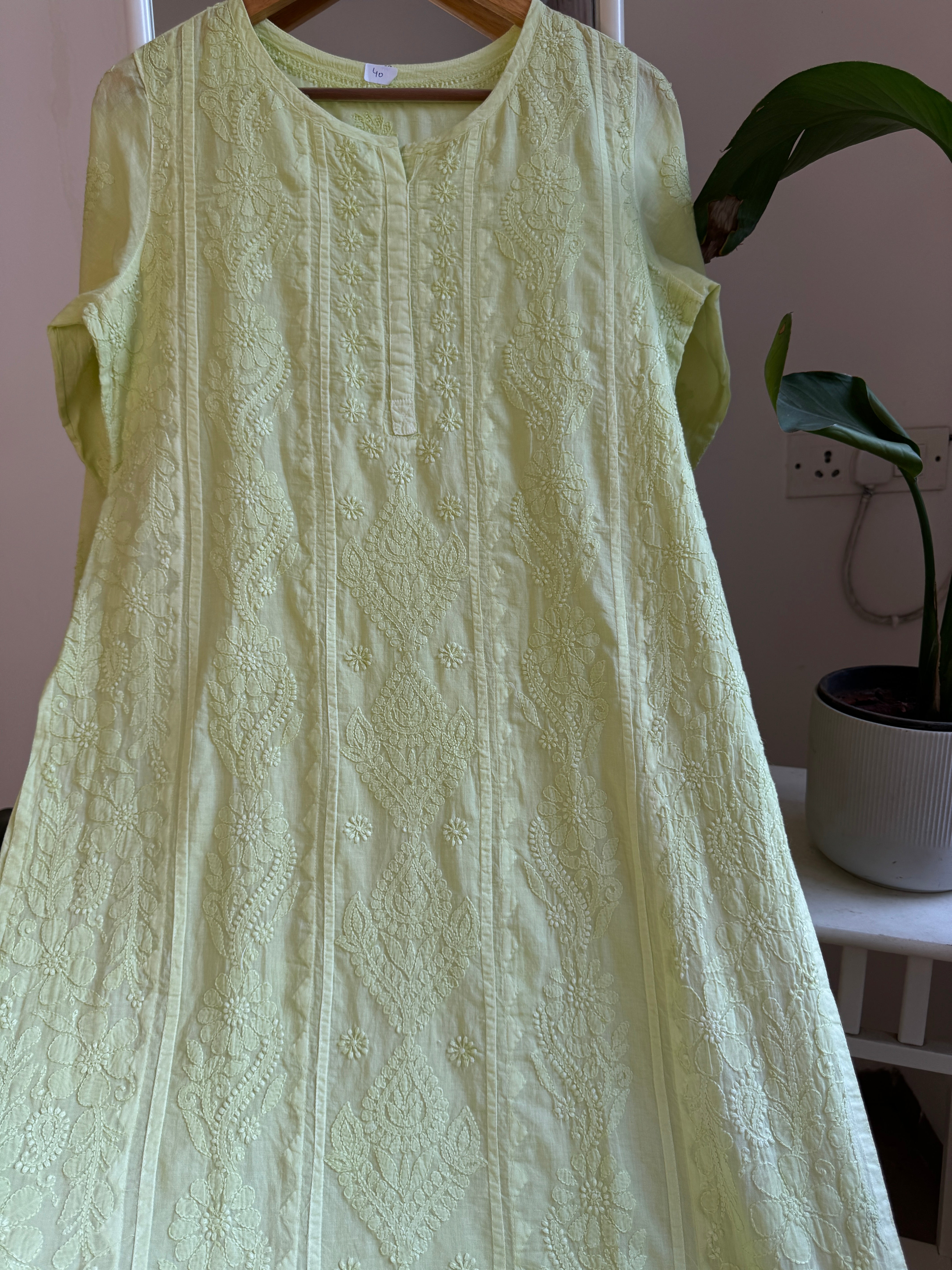 Mul Cotton Apple Green Chikankari Kurti - Bela Collection ARIAA CHIKANKARI