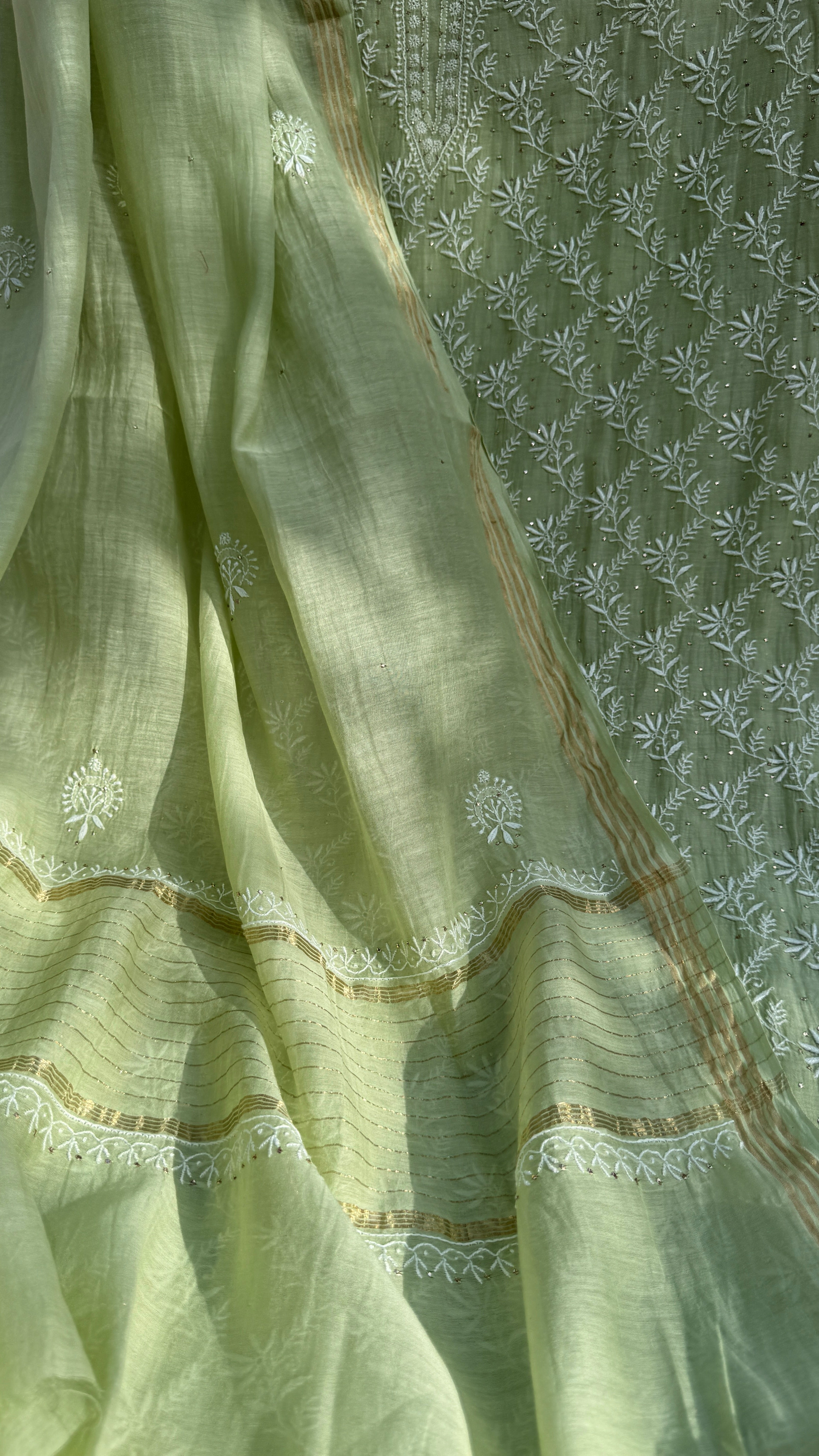 Mul Chanderi Chikankari Unstitched Length with Dupatta with Mukaish Add-On - Leaf Green