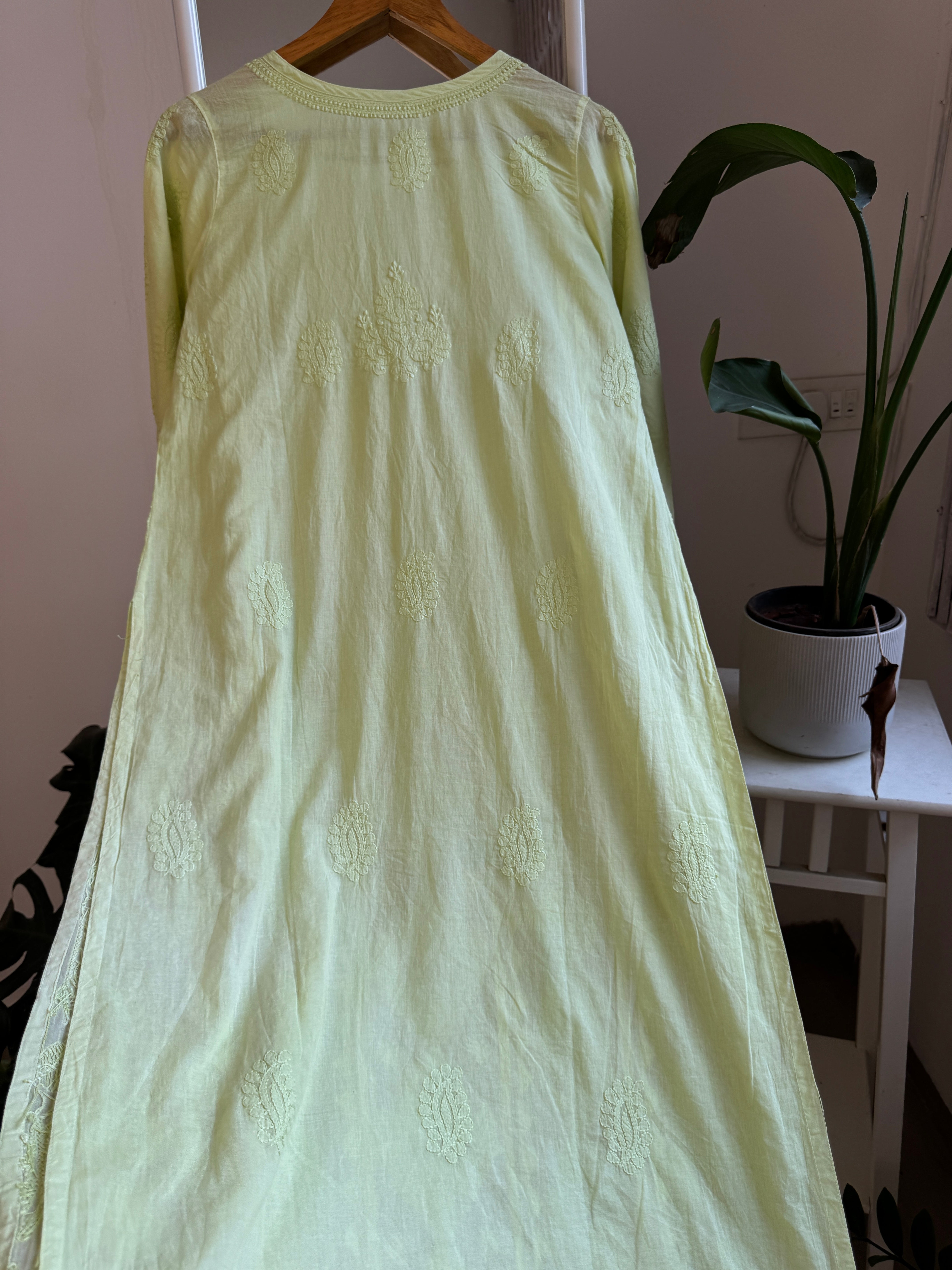 Mul Cotton Apple Green Chikankari Kurti - Bela Collection ARIAA CHIKANKARI