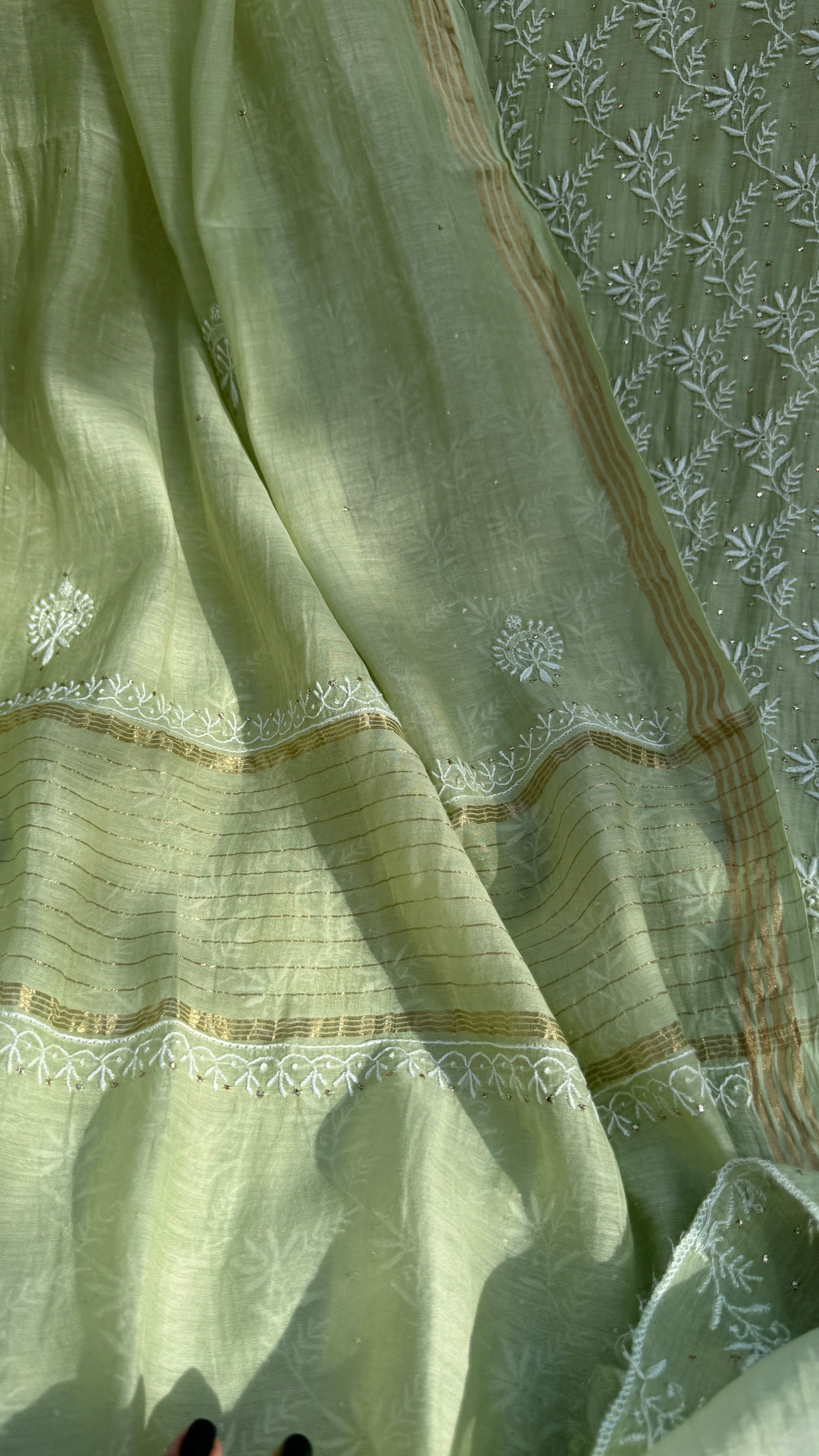 Mul Chanderi Chikankari Unstitched Length with Dupatta with Mukaish Add-On - Leaf Green