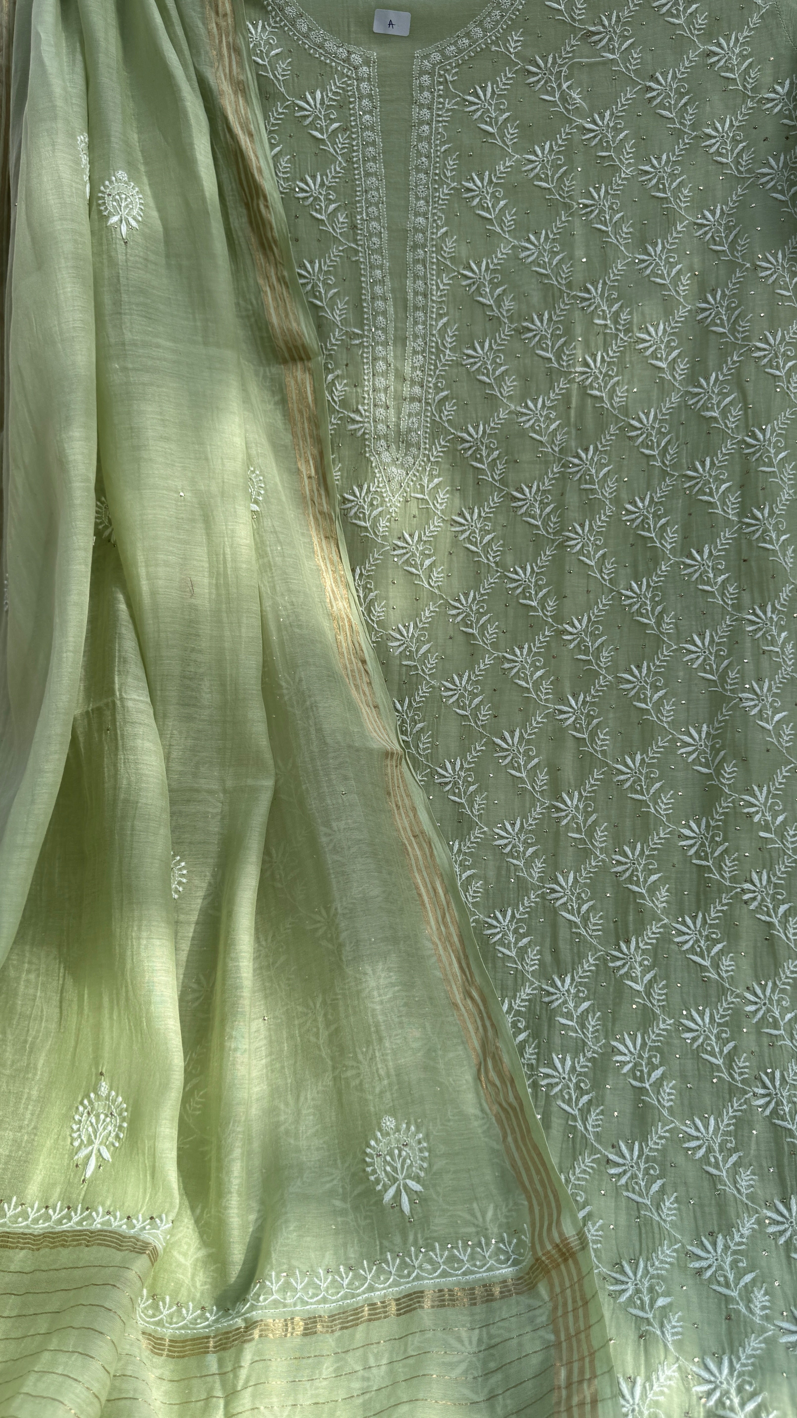 Mul Chanderi Chikankari Unstitched Length with Dupatta with Mukaish Add-On - Leaf Green