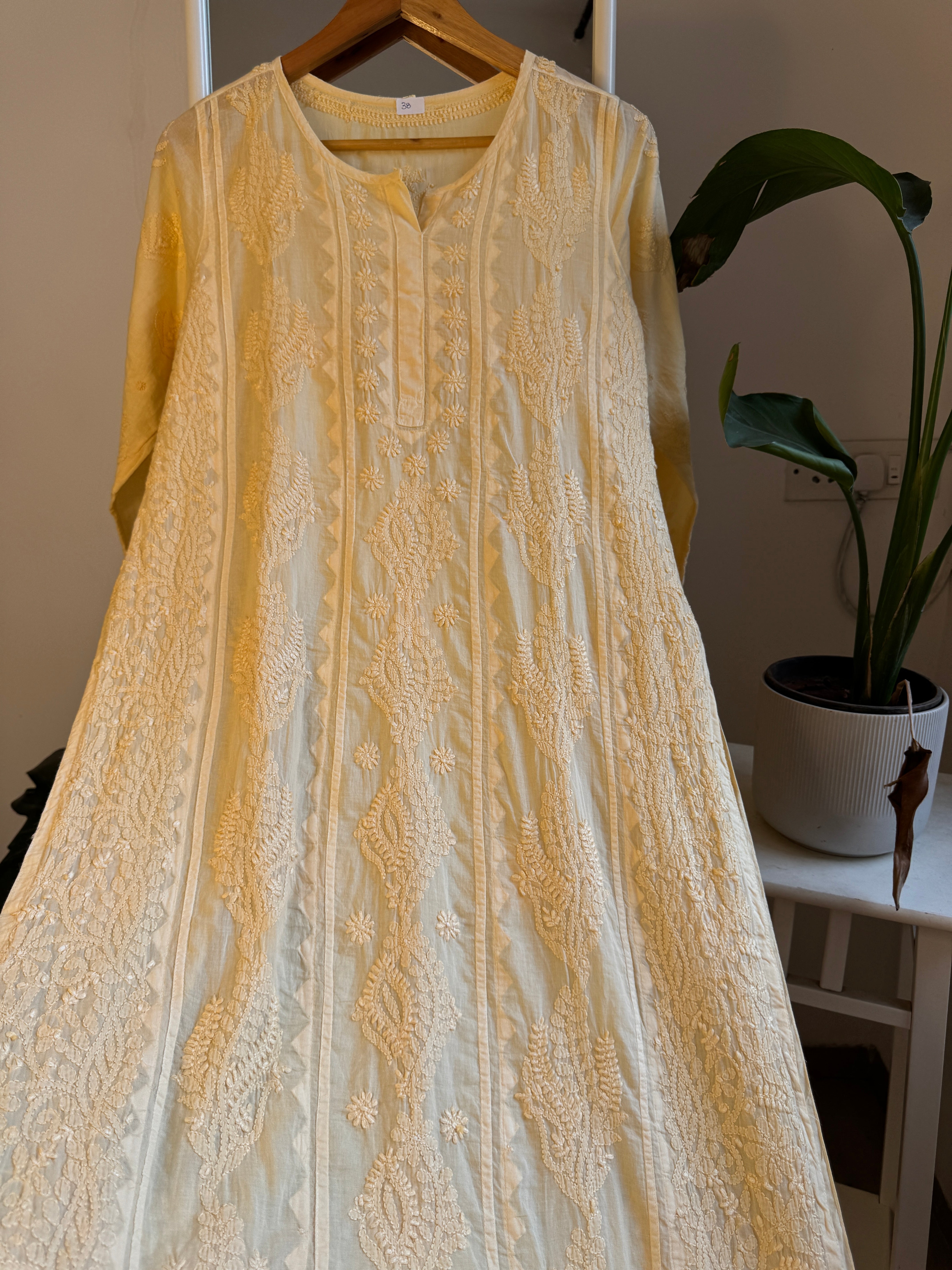 Mul Cotton Cream Yellow Chikankari Kurti - Bela Collection ARIAA CHIKANKARI