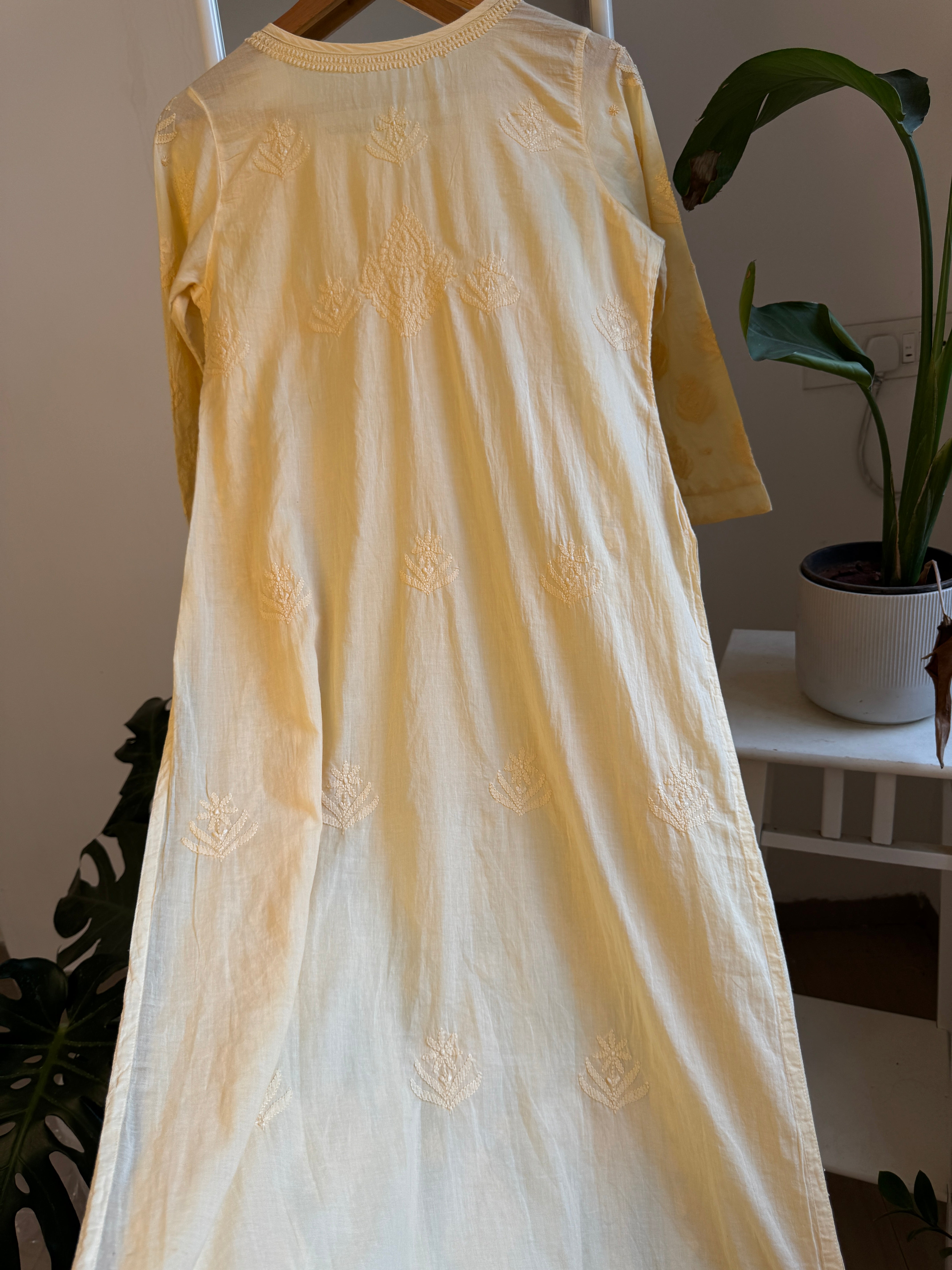 Mul Cotton Cream Yellow Chikankari Kurti - Bela Collection ARIAA CHIKANKARI