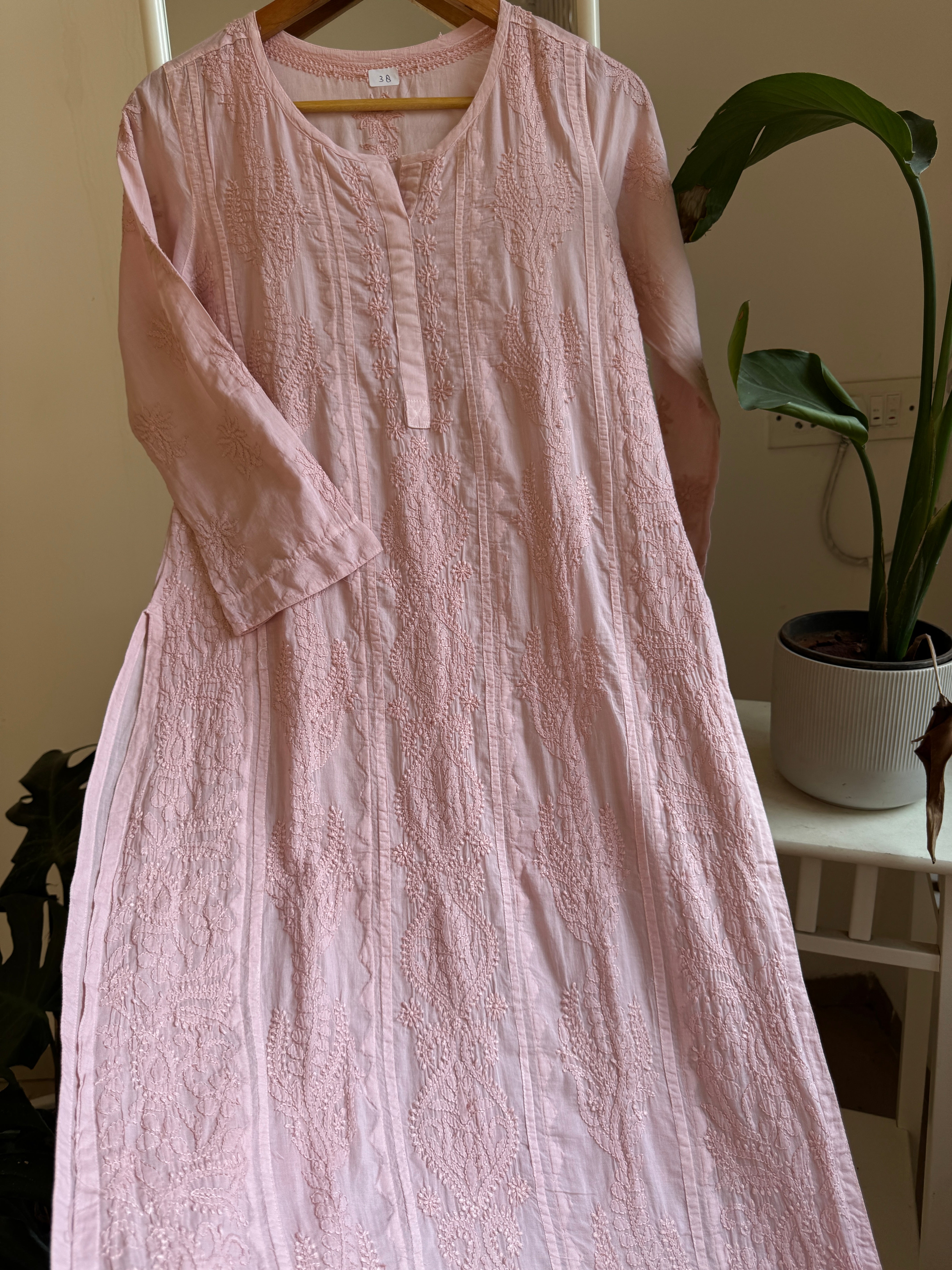 Mul Cotton Pale Pink Chikankari Kurti - Bela Collection ARIAA CHIKANKARI