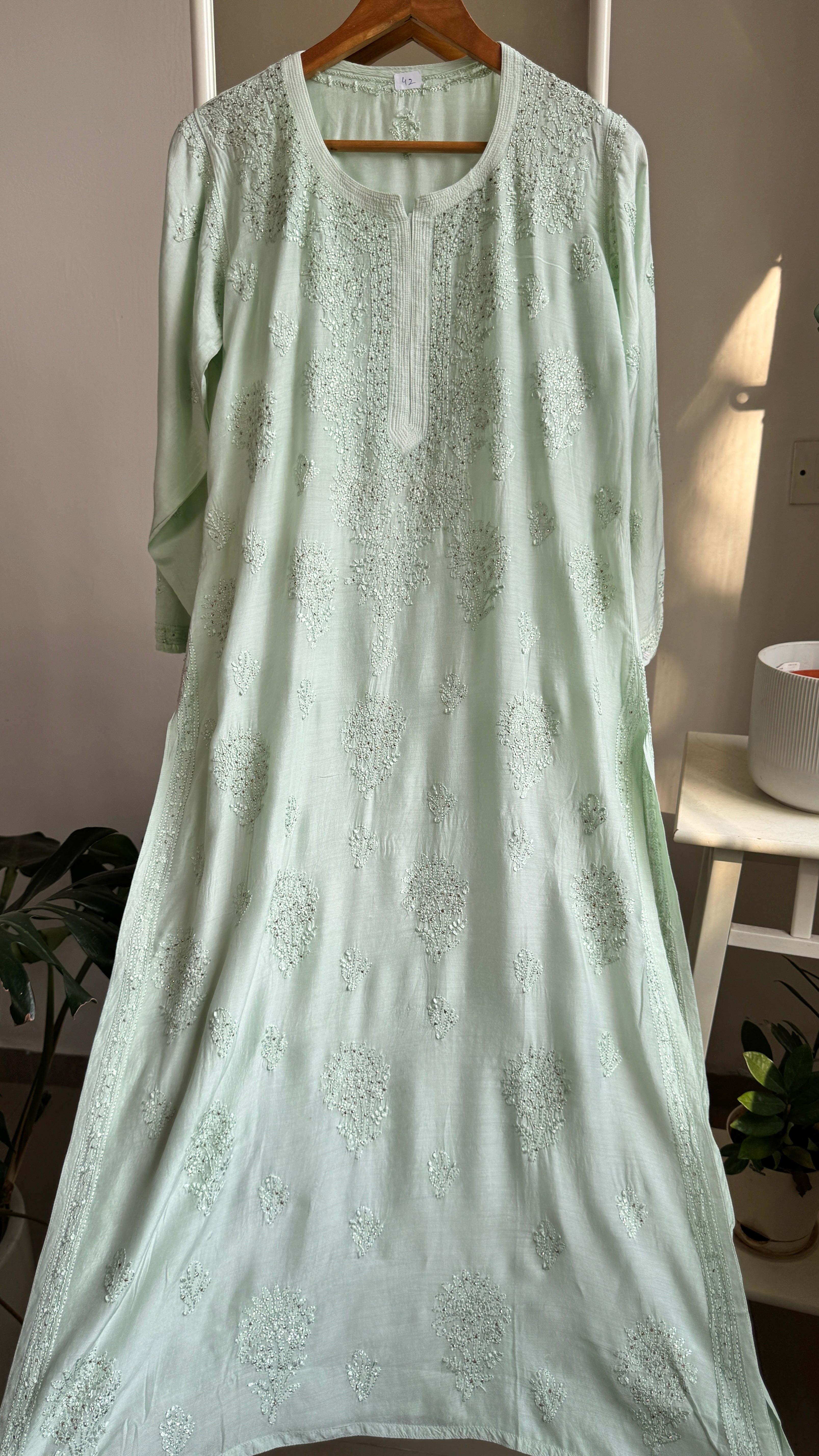 Muslin Chikankari Kurti with Mukaish work - Green