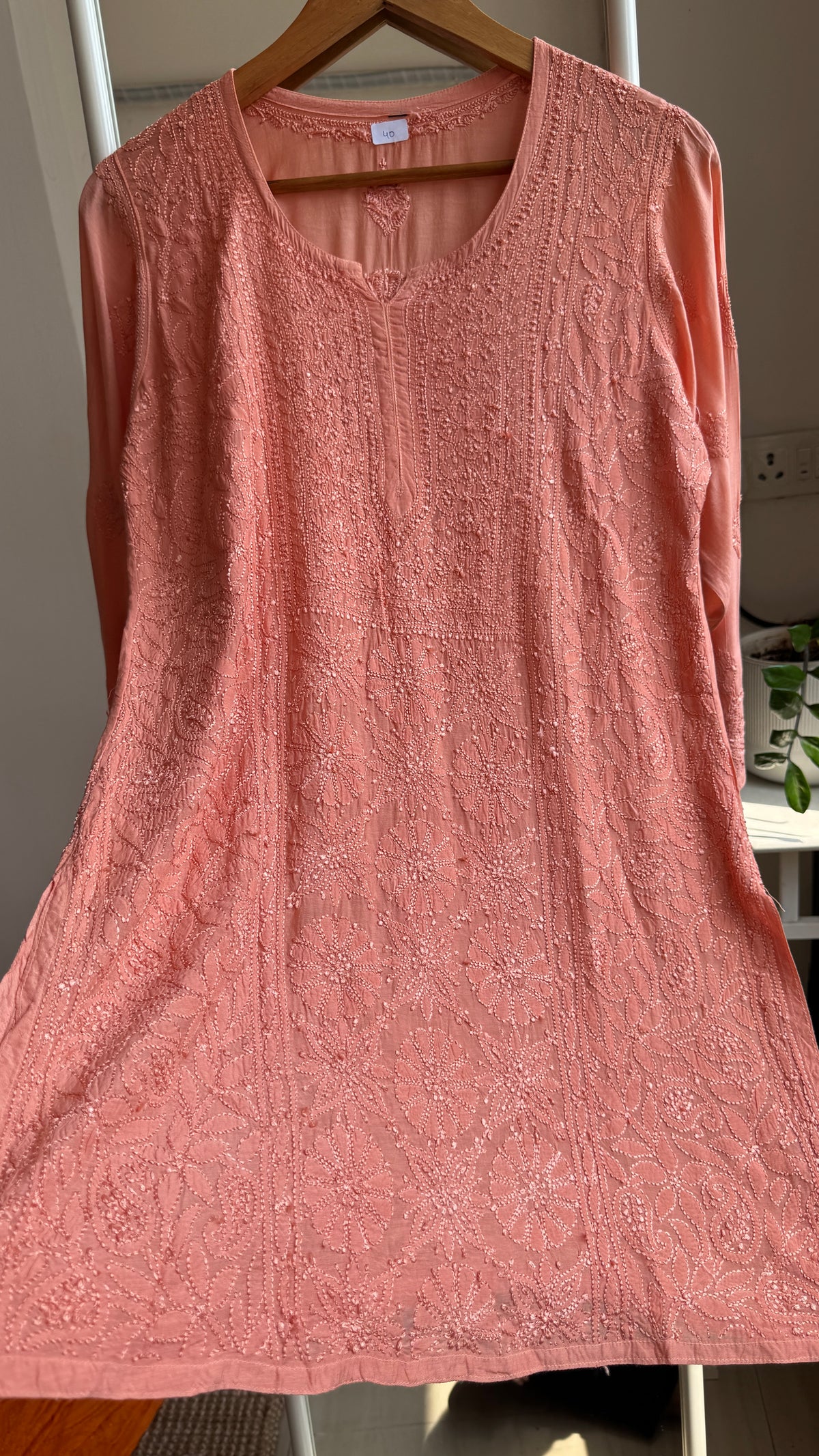 Chikankari Muslin short Top in Coral Peach - HOOR Collection
