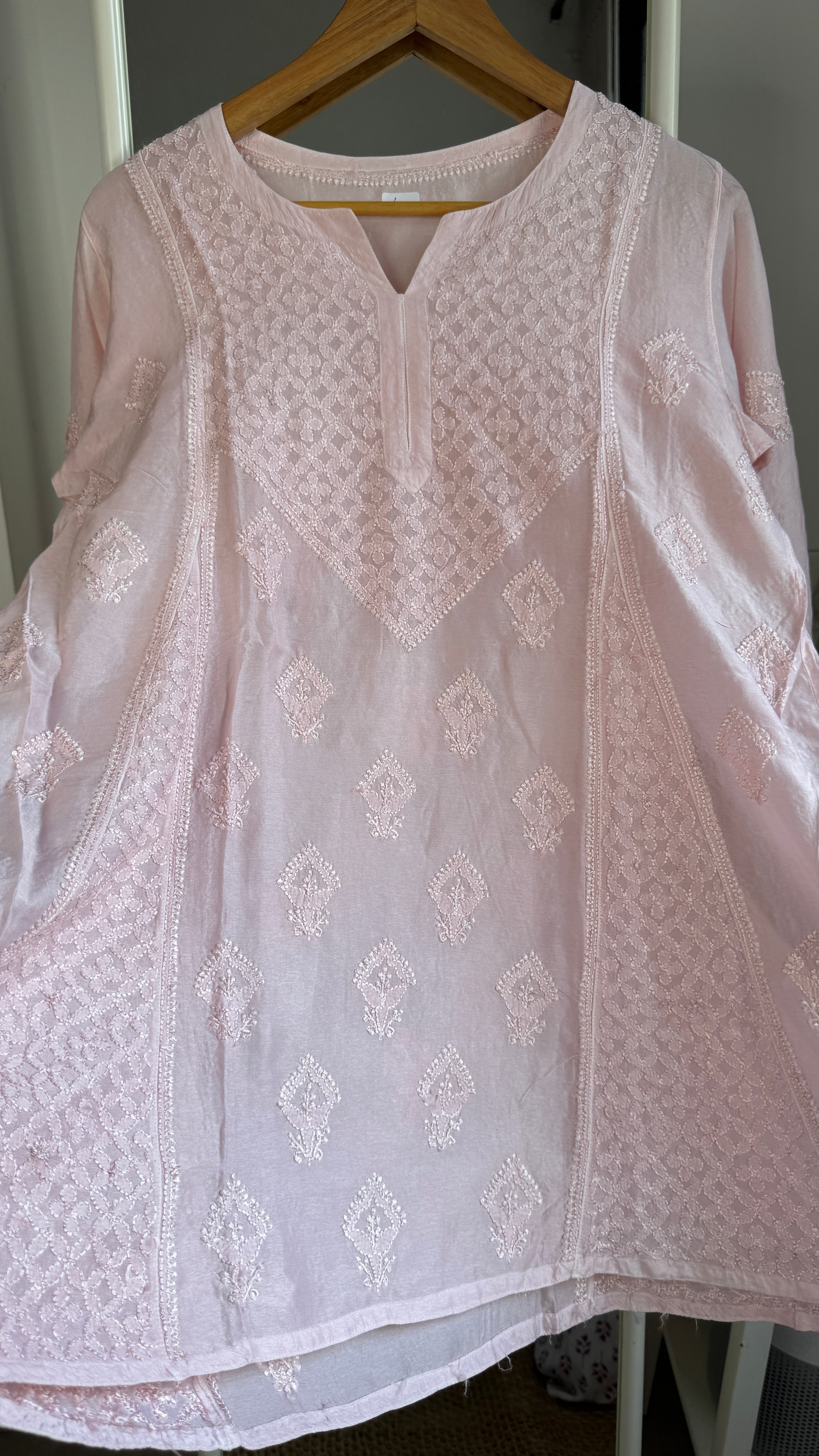 Raw Silk Chikankari kali short Top - Pale Pink