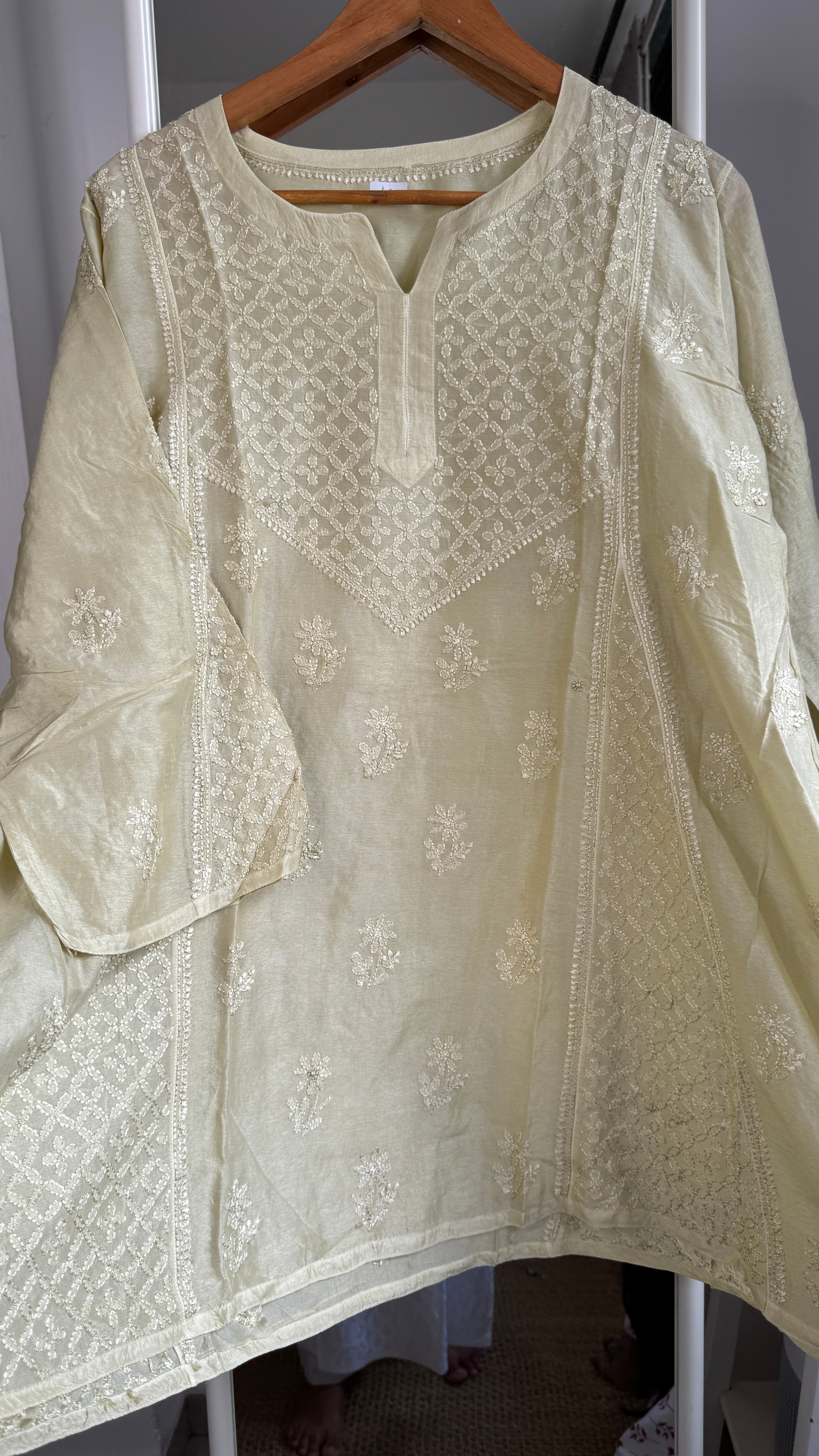 Raw Silk Chikankari kali short Top - sage green