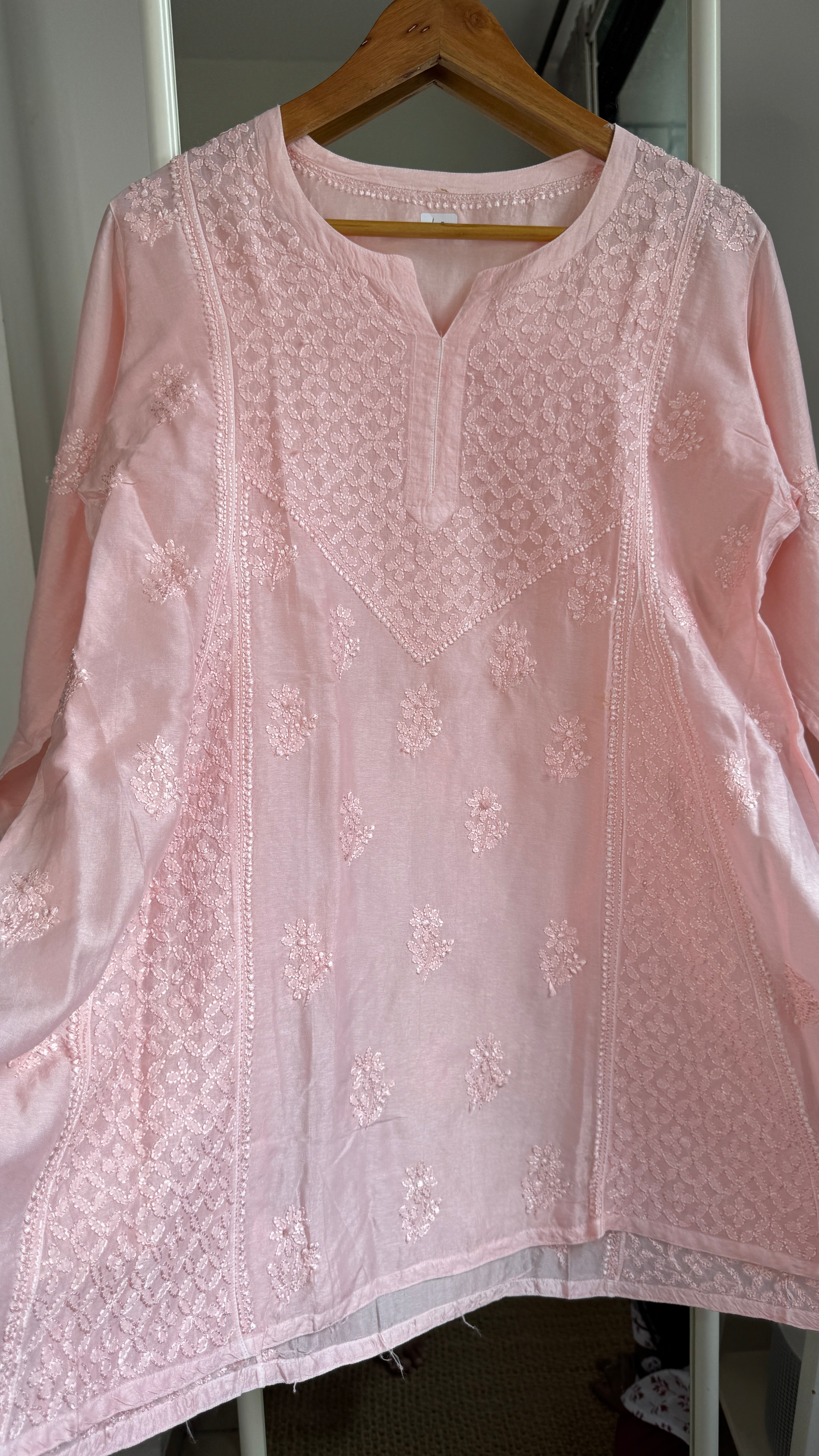 Raw Silk Chikankari kali short Top - Peach Pink