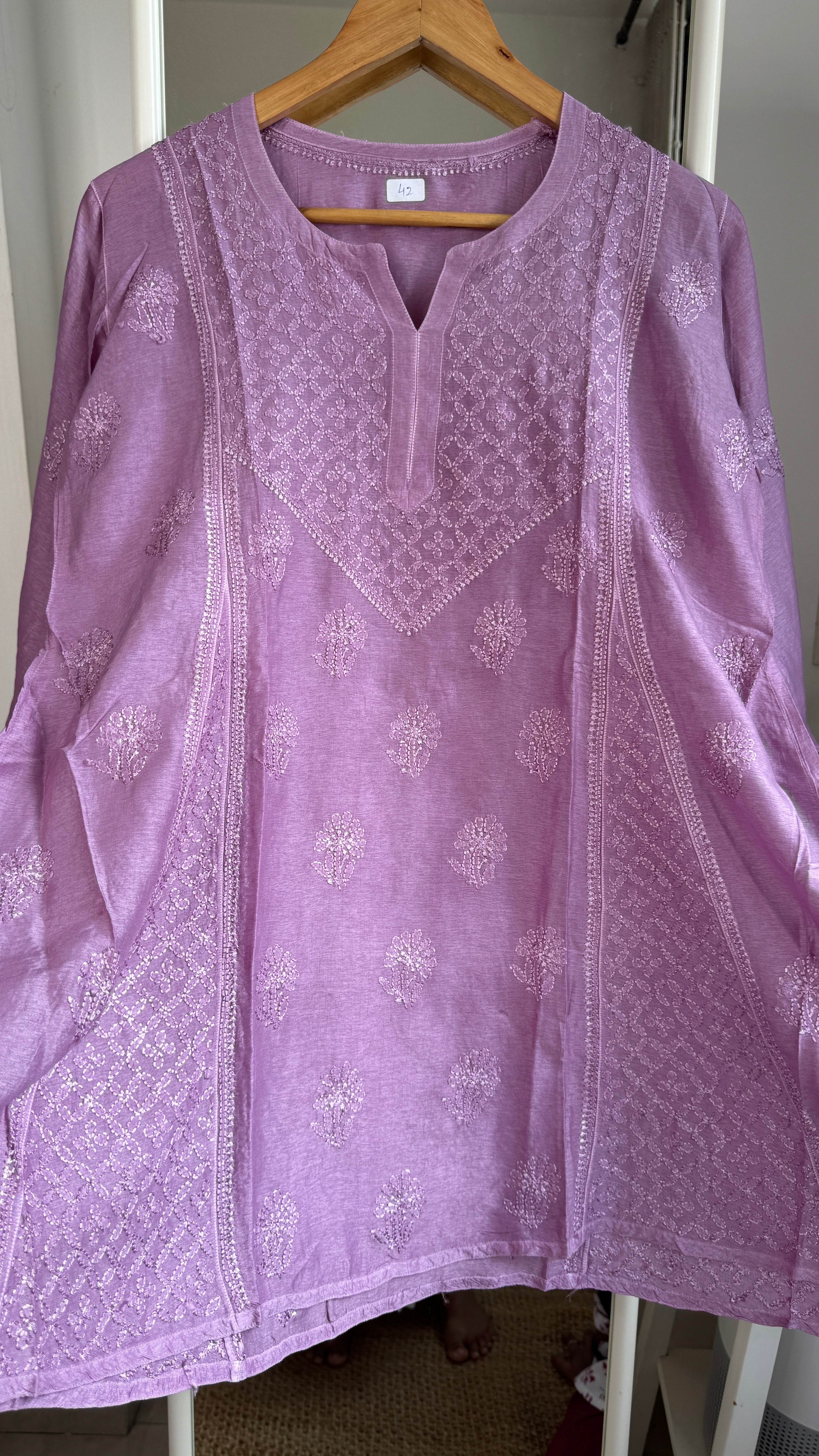 Raw Silk Chikankari kali short Top - Mauve