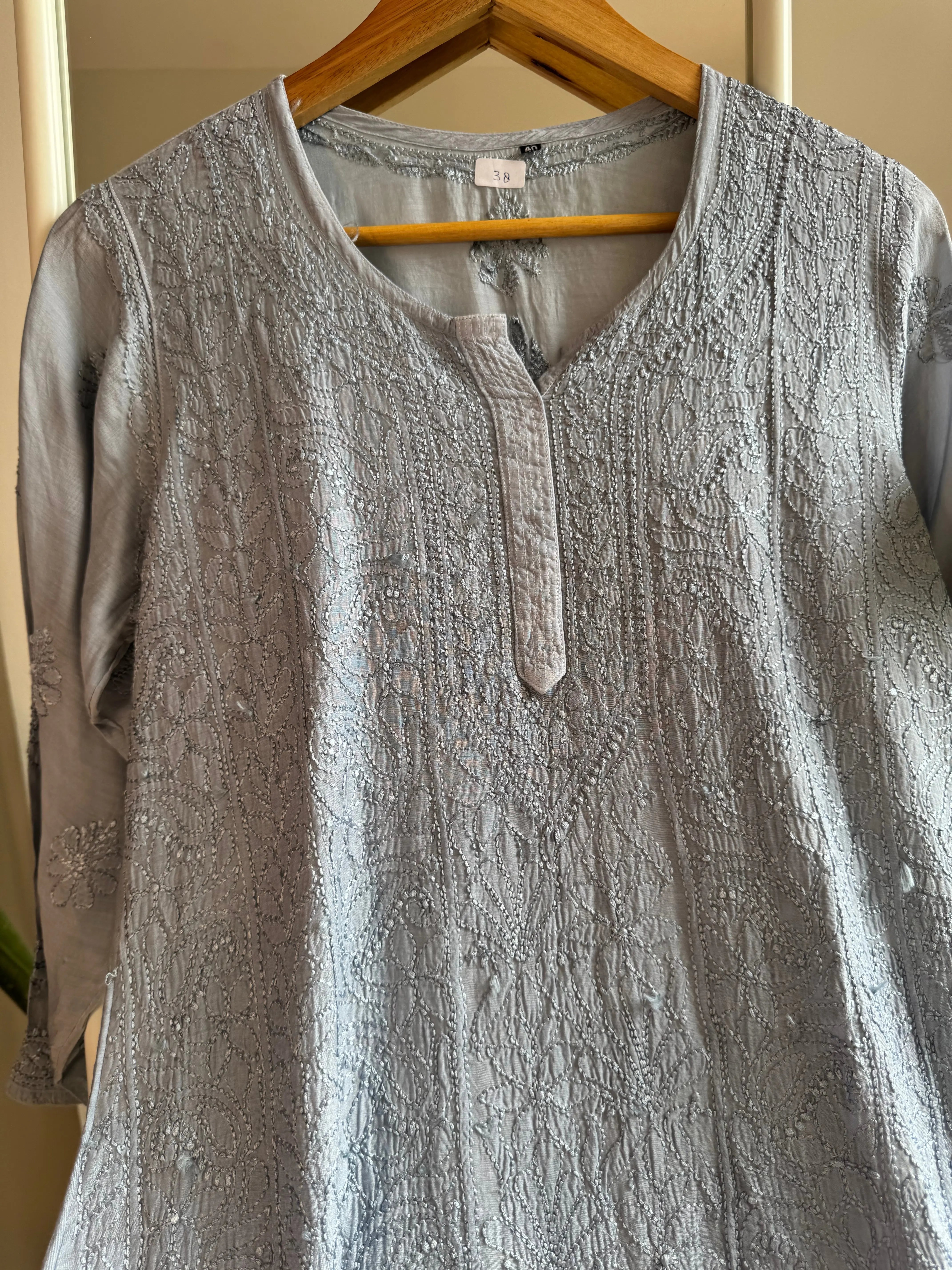 Chikankari Muslin short Top in Grey ARIAA CHIKANKARI