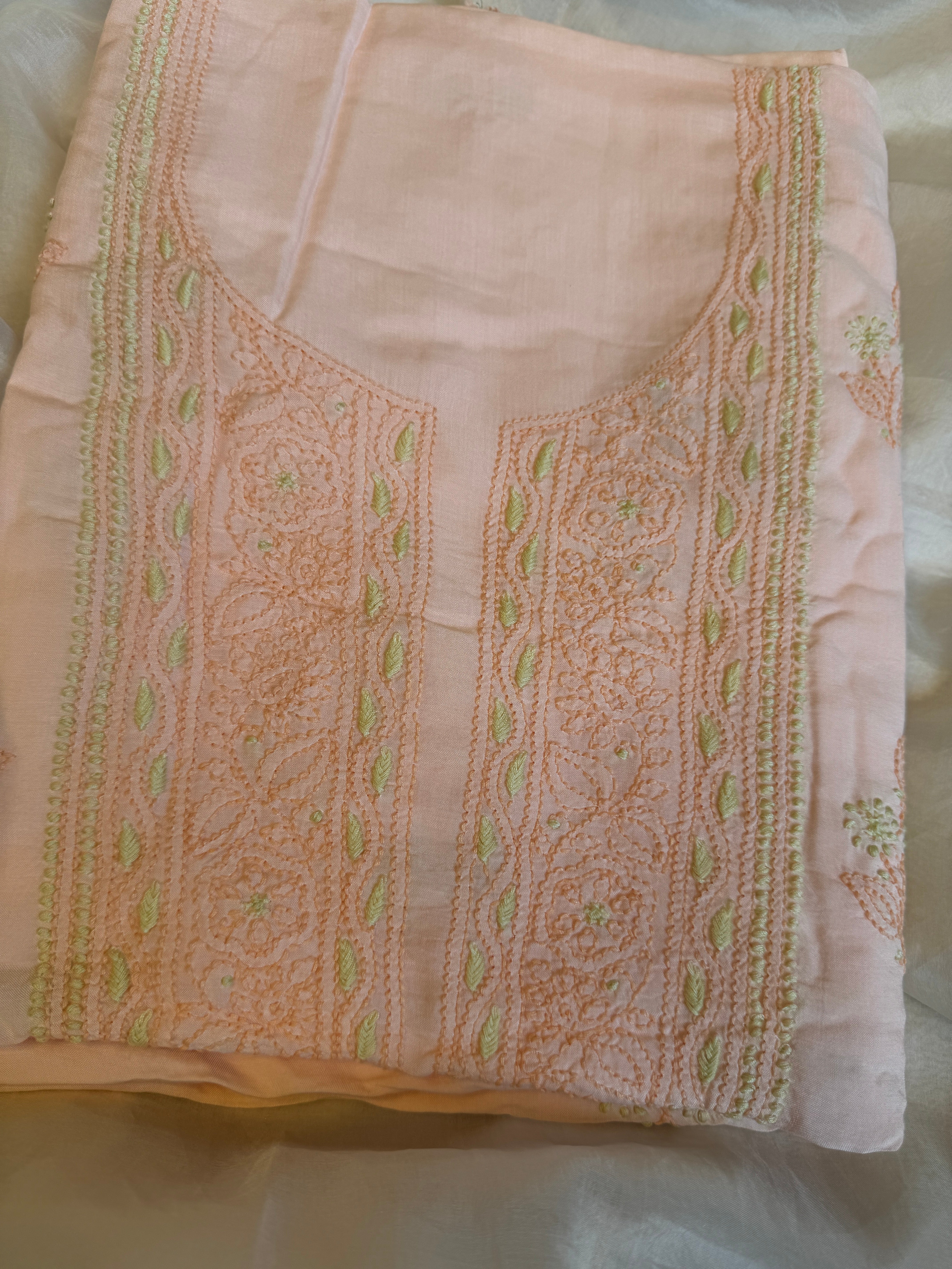 Modal Unstitched Kurti Fabric - Peach- Multi Threadwork ARIAA CHIKANKARI