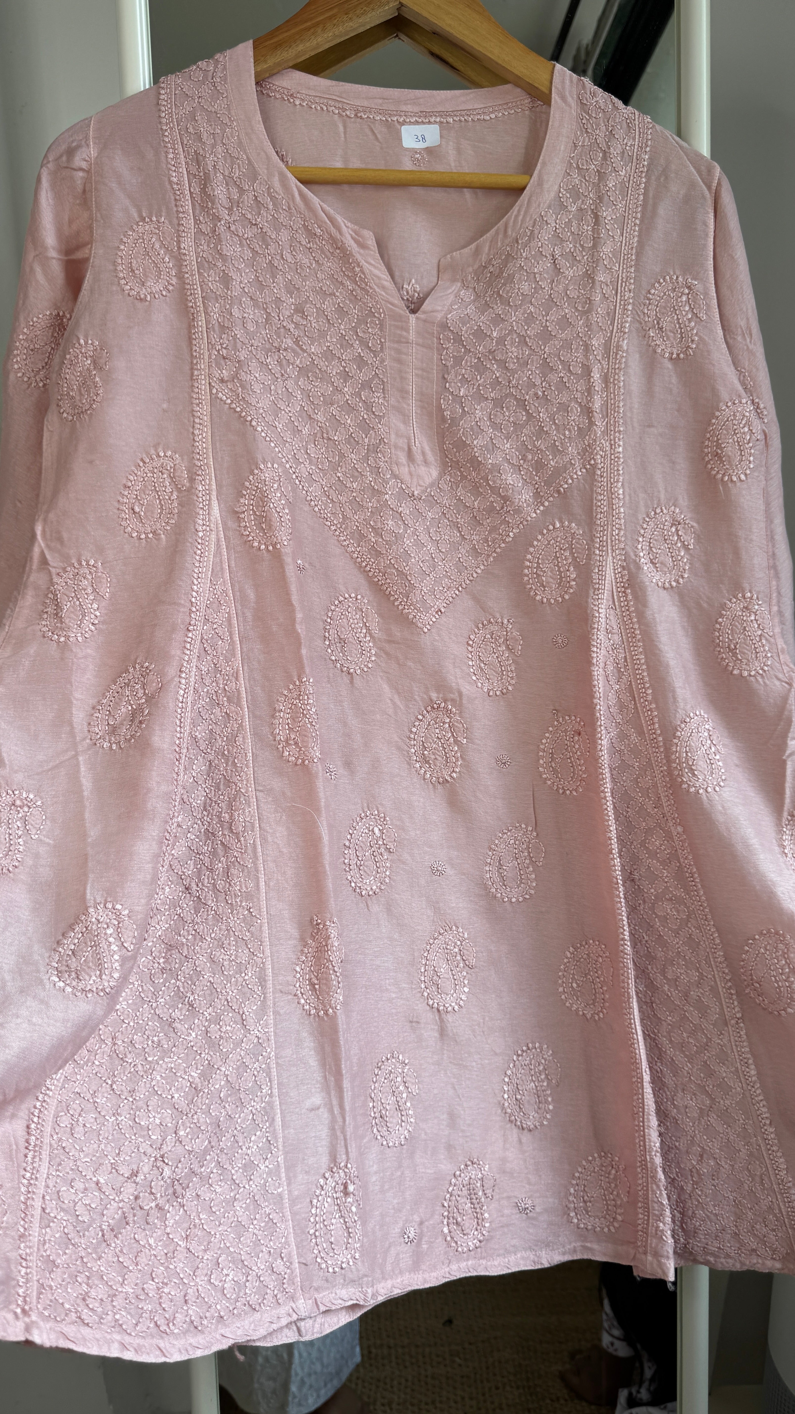Raw Silk Chikankari kali short Top - Blush Pink