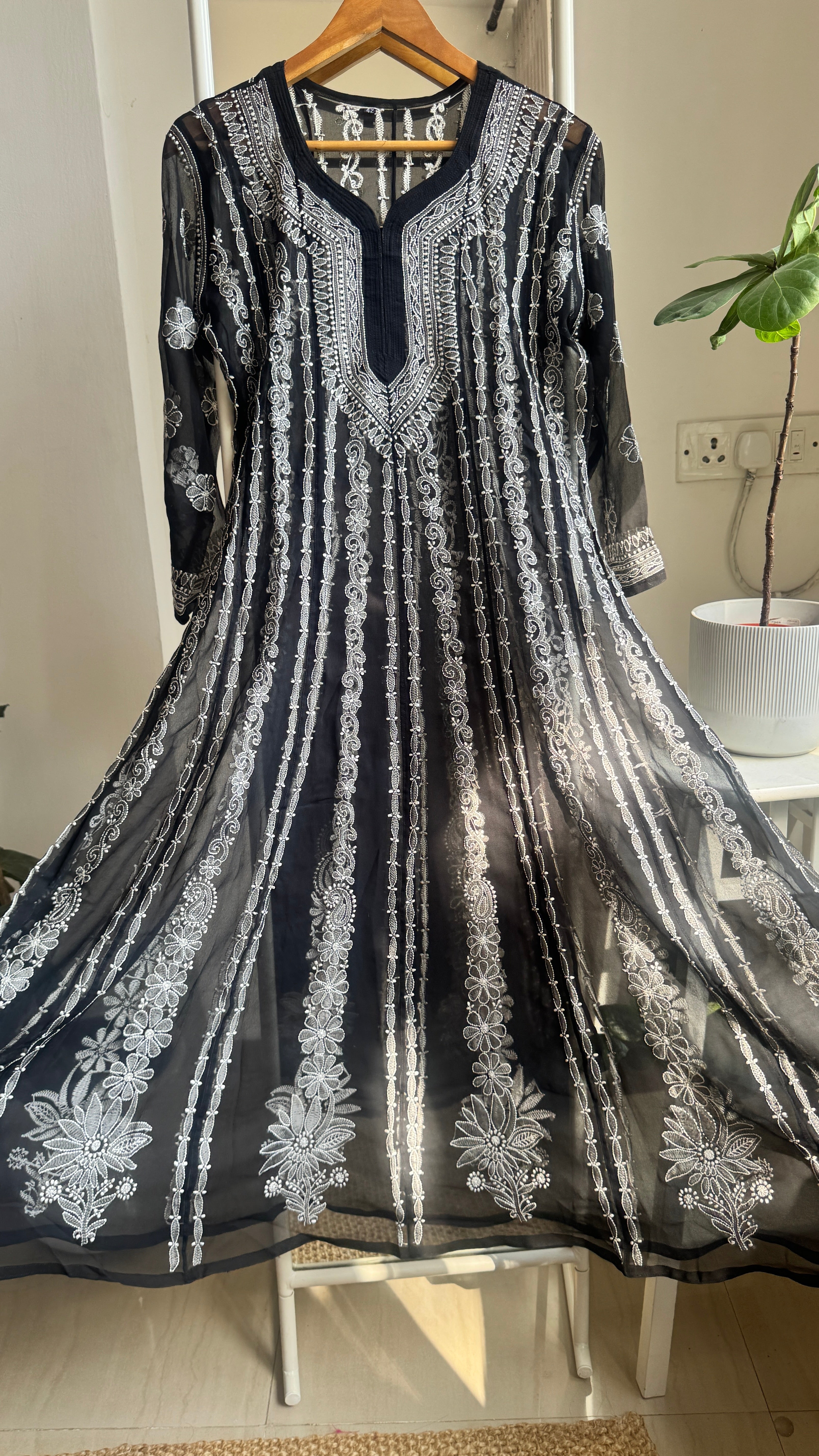 Georgette Chikankari Anarkali - Black