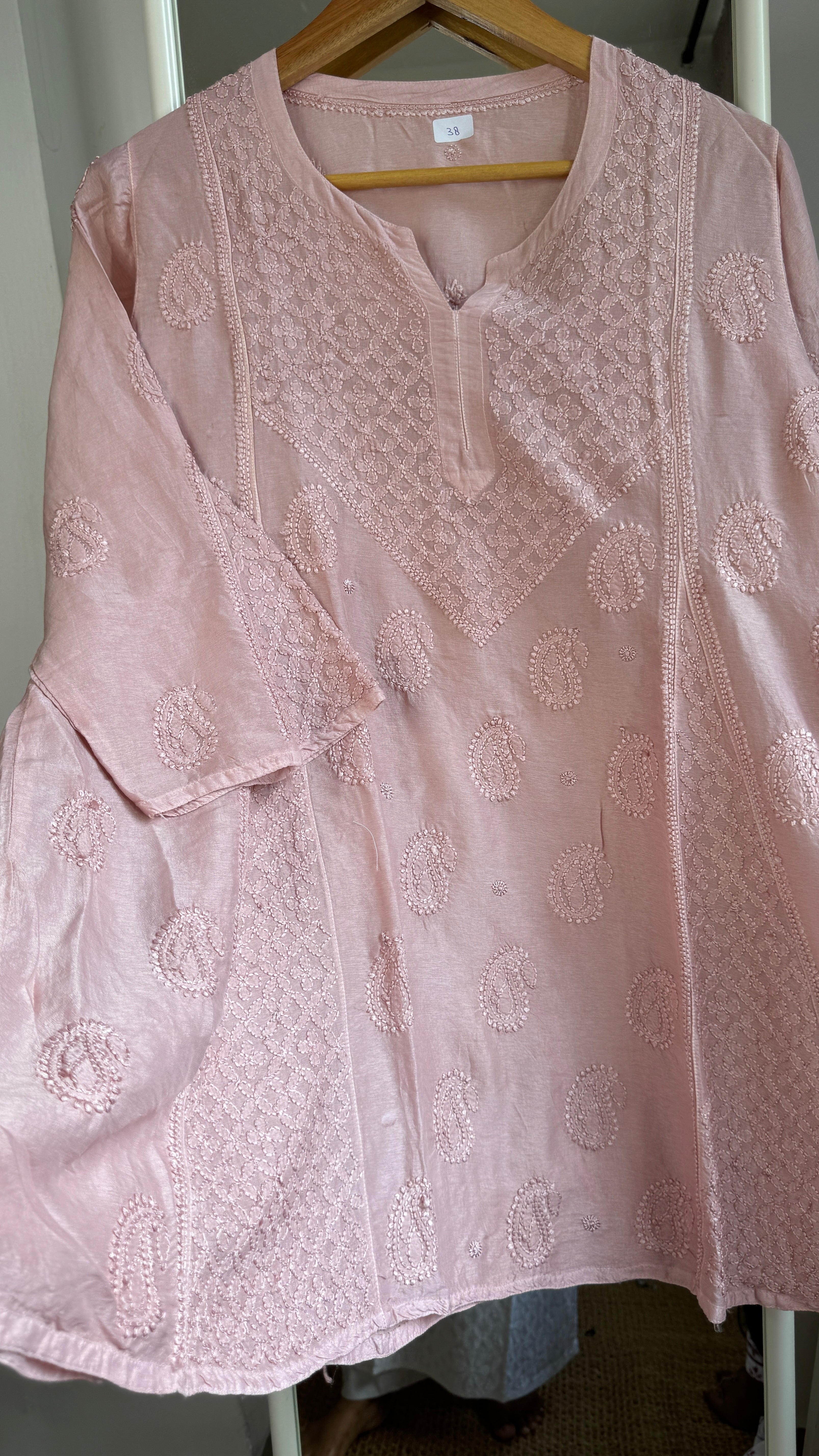 Raw Silk Chikankari kali short Top - Blush Pink