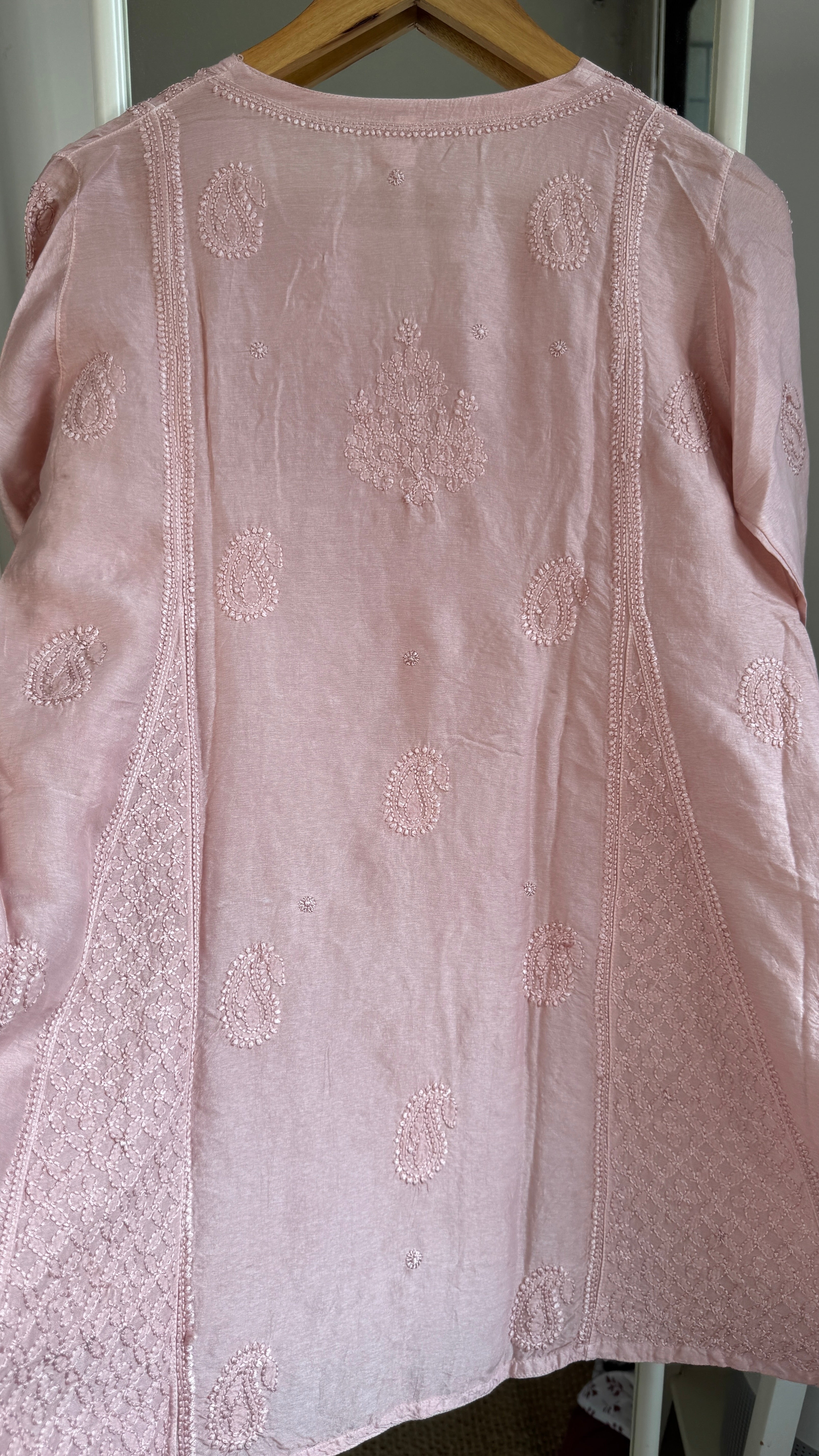 Raw Silk Chikankari kali short Top - Blush Pink