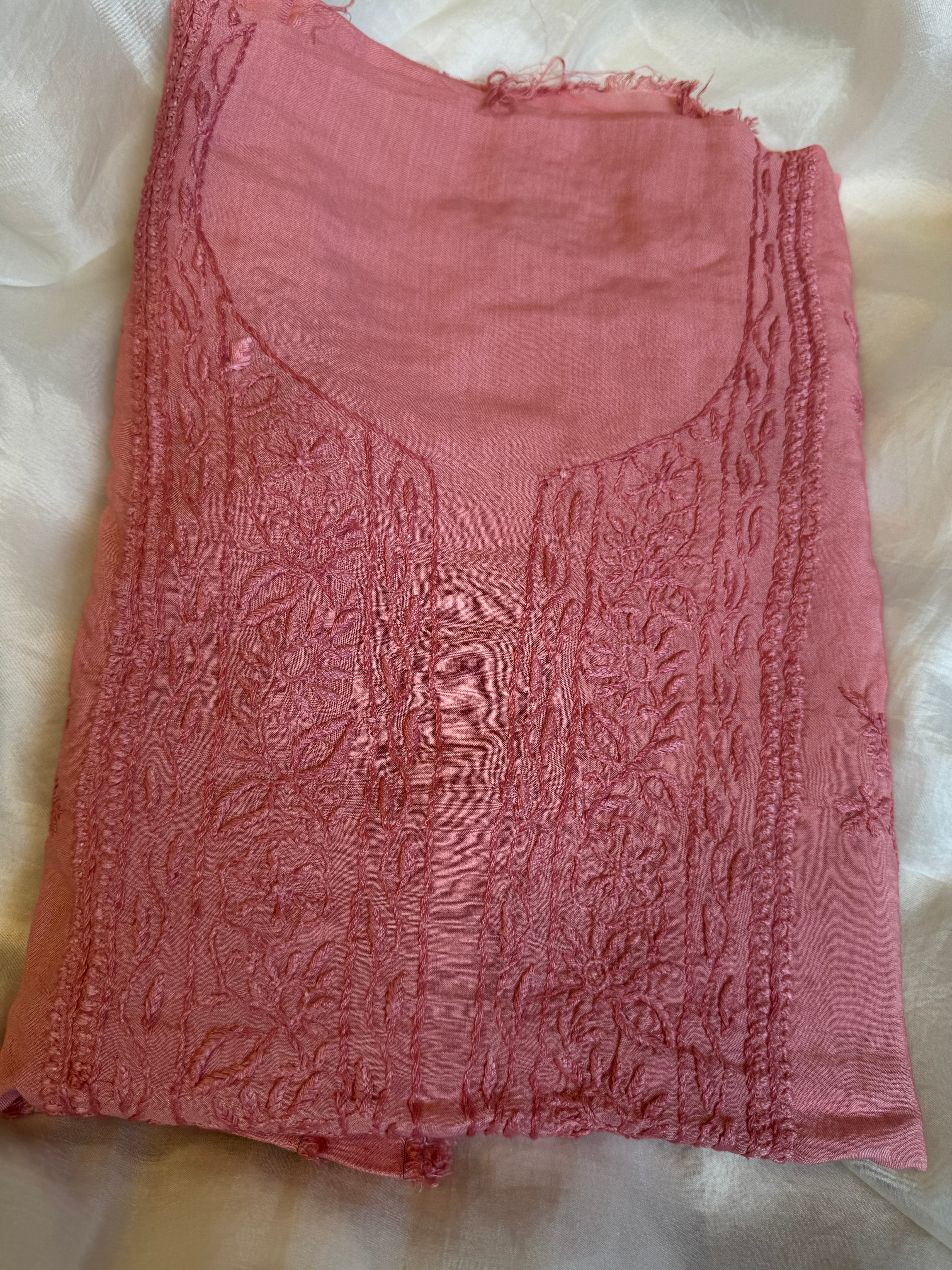 Modal Unstitched Kurti Fabric - Rosewood Pink ARIAA CHIKANKARI