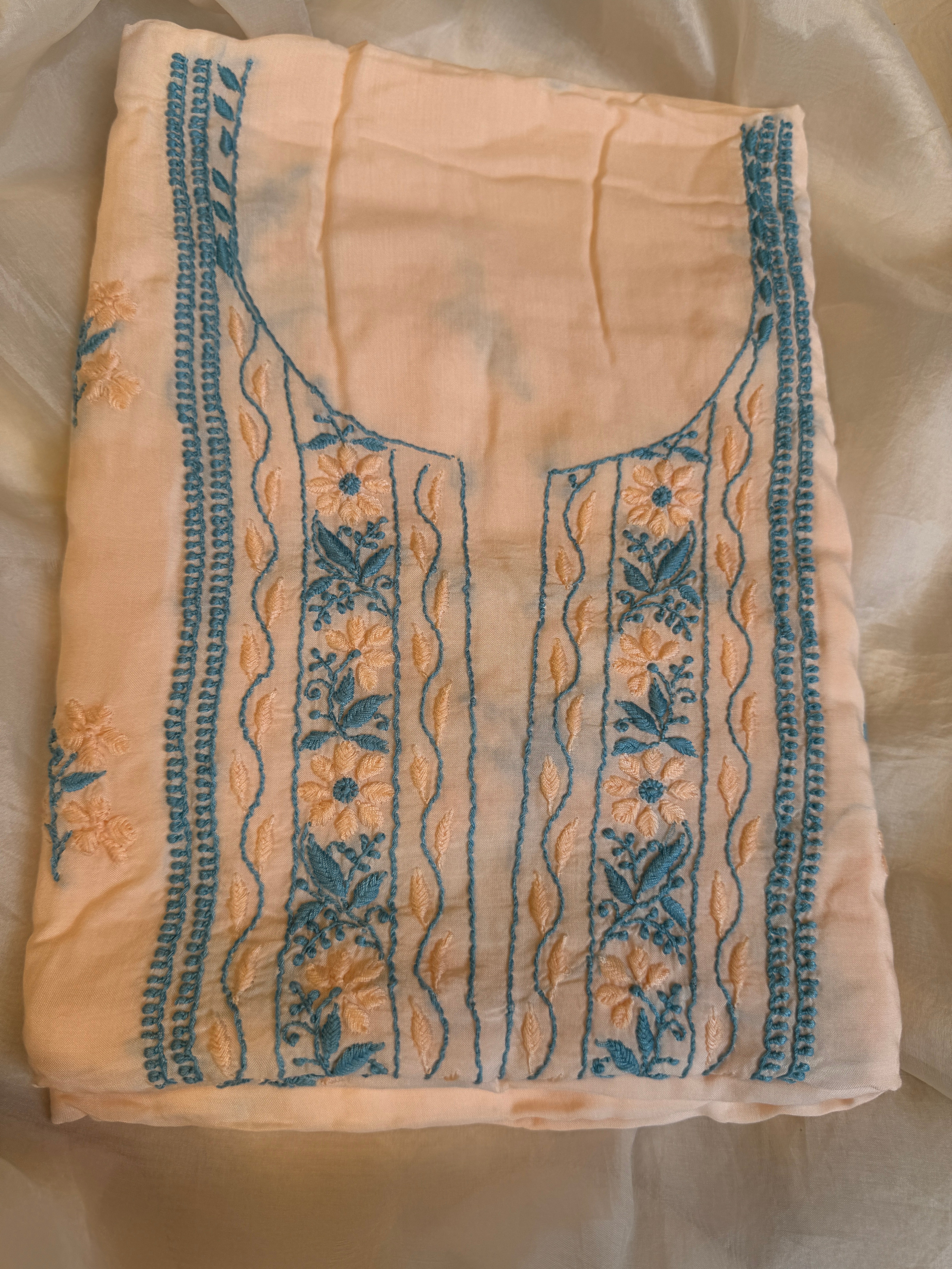 Modal Unstitched Kurti Fabric - Peach- Multi Threadwork ARIAA CHIKANKARI