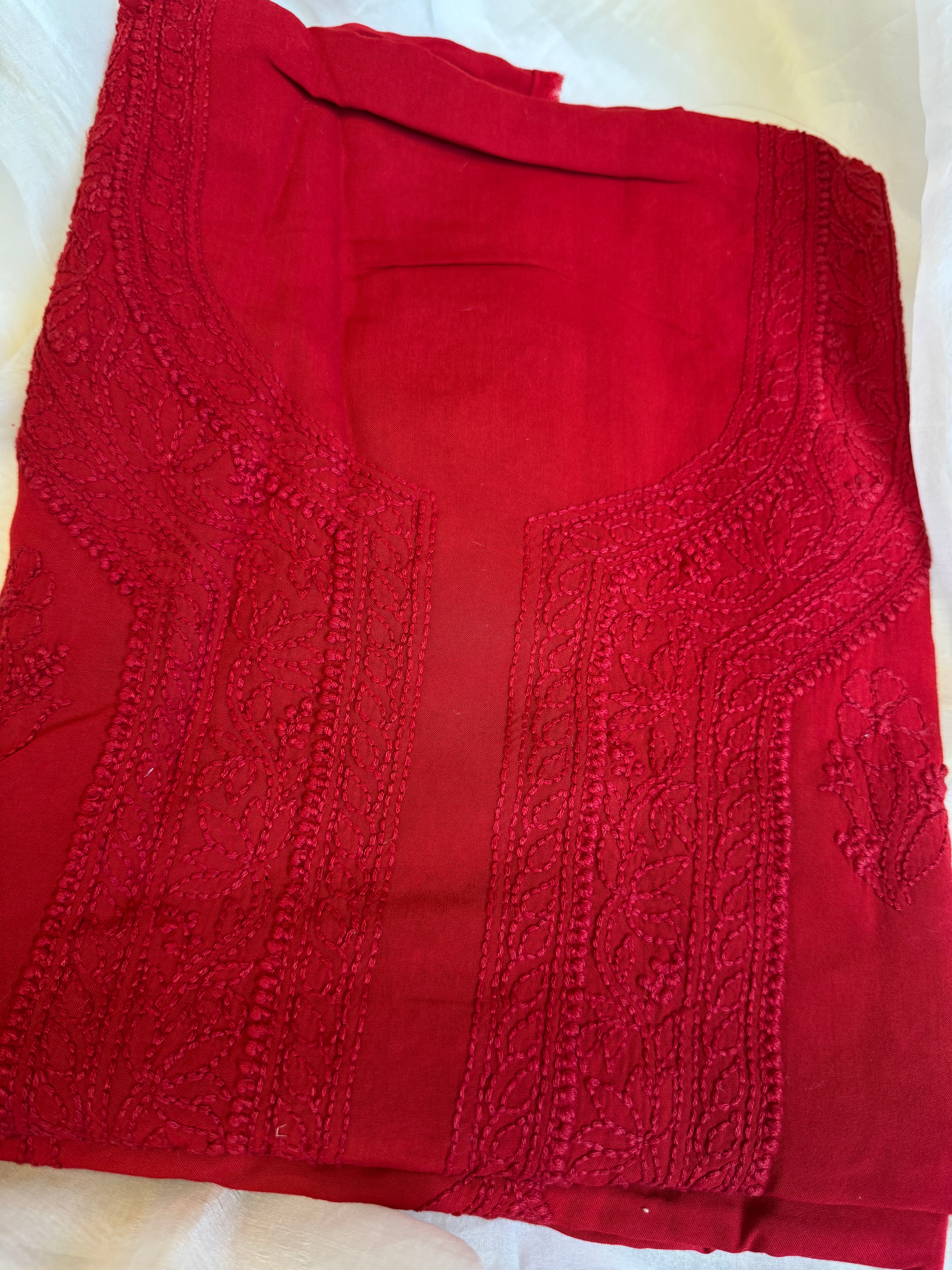 Modal Unstitched Kurti Fabric - Red ARIAA CHIKANKARI