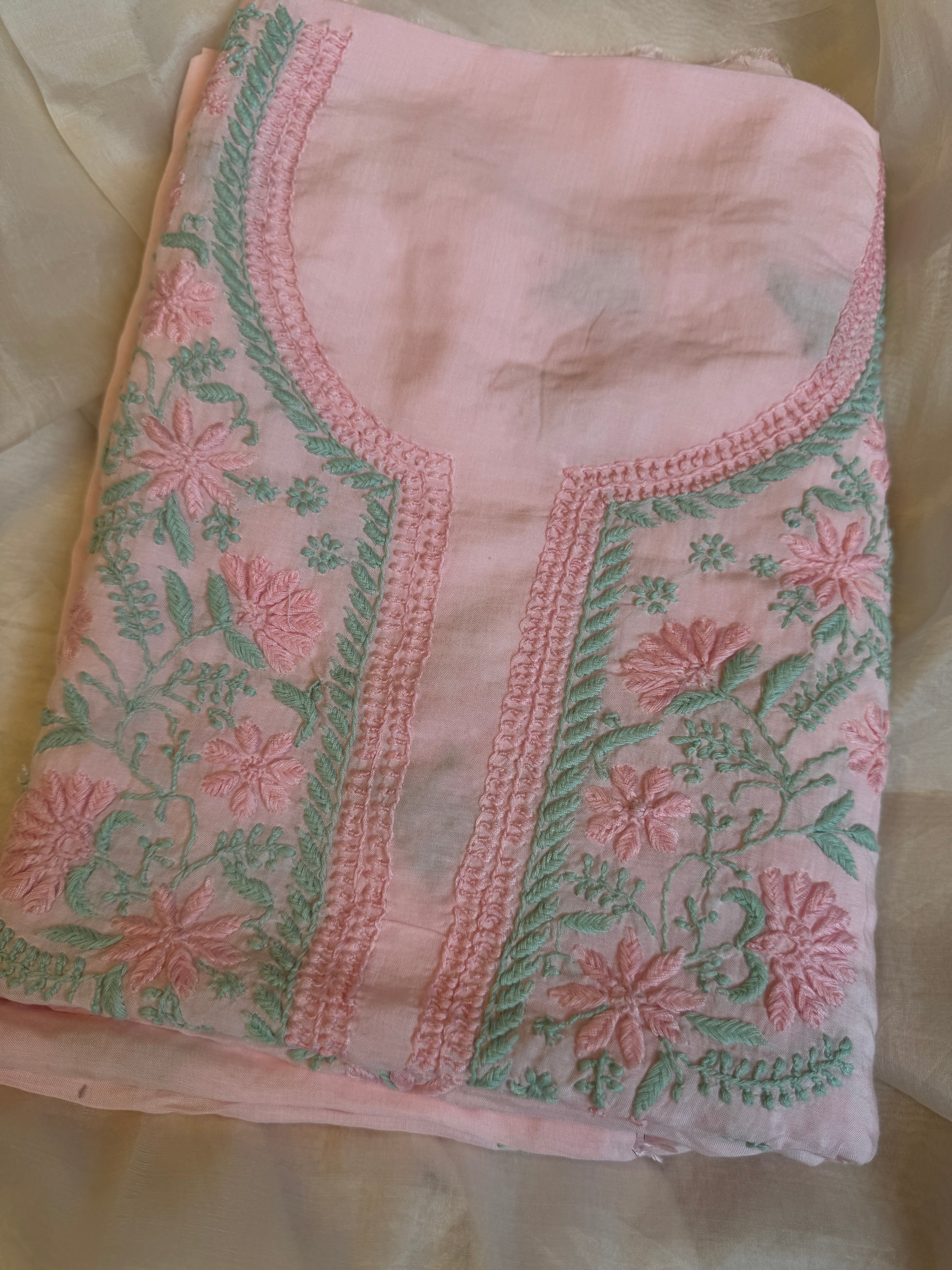 Modal Chikankari Unstitched Kurti Fabric - Pink-Multi Thread ARIAA CHIKANKARI