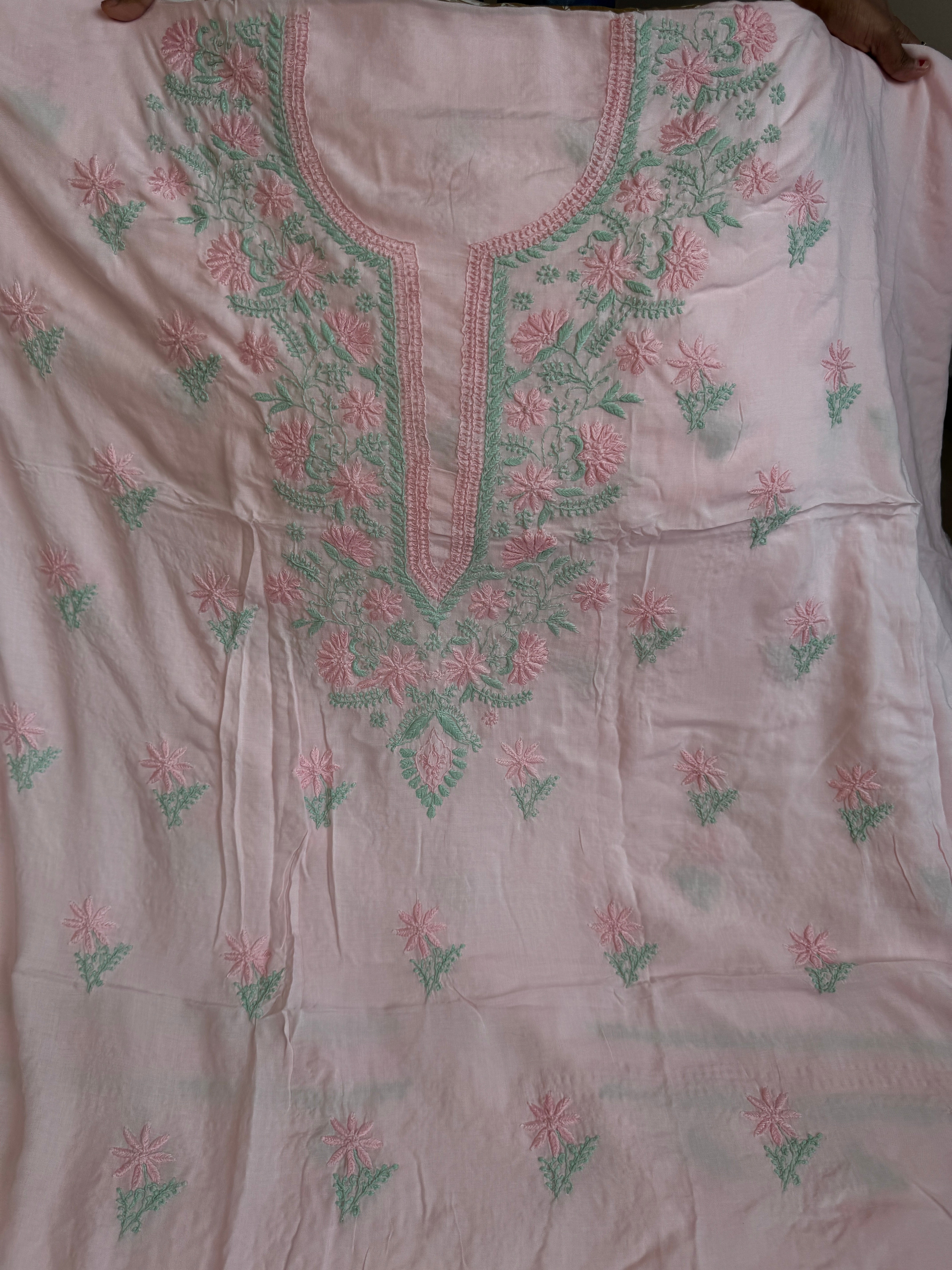 Modal Chikankari Unstitched Kurti Fabric - Pink-Multi Thread ARIAA CHIKANKARI