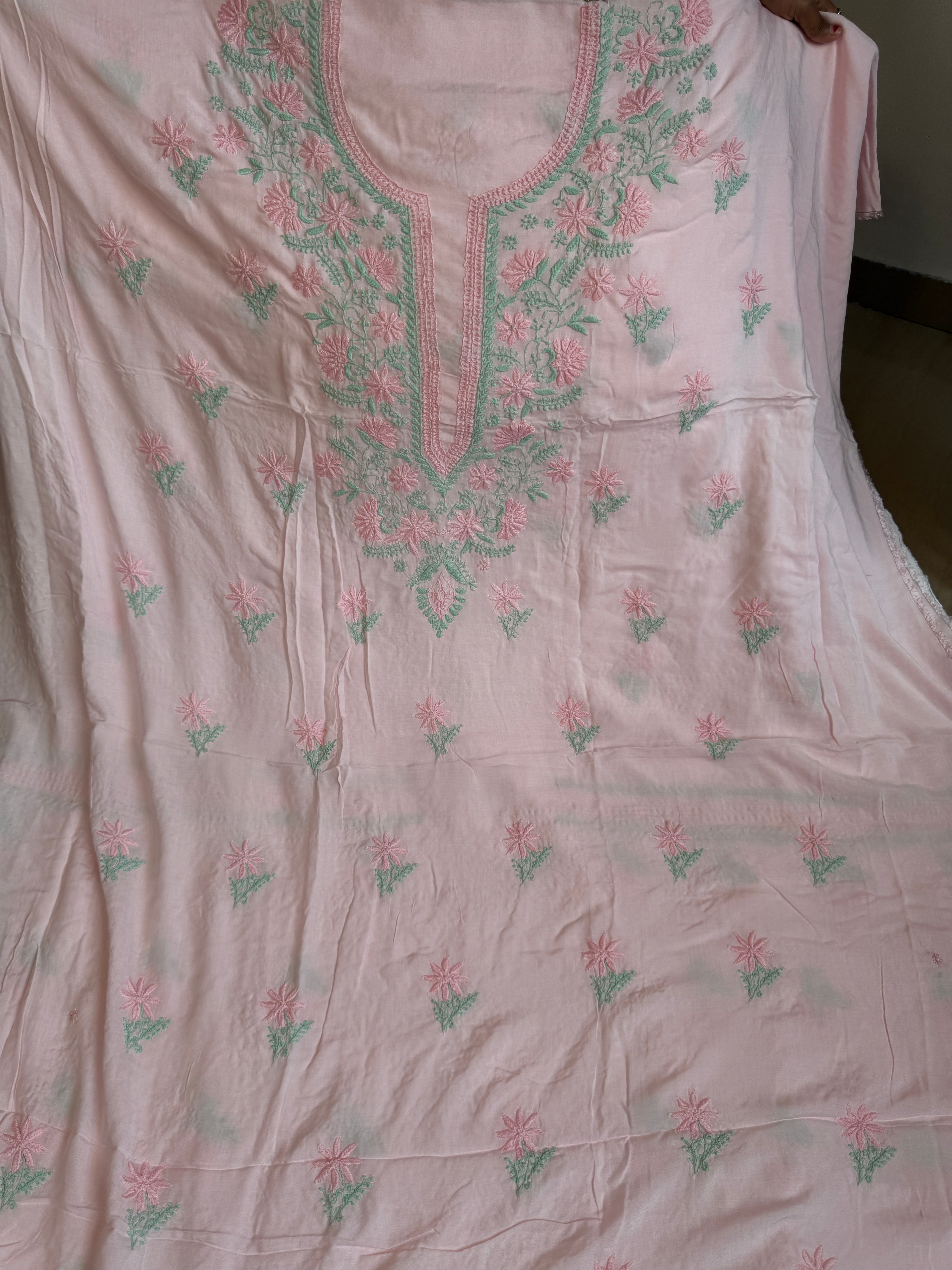 Modal Chikankari Unstitched Kurti Fabric - Pink-Multi Thread ARIAA CHIKANKARI