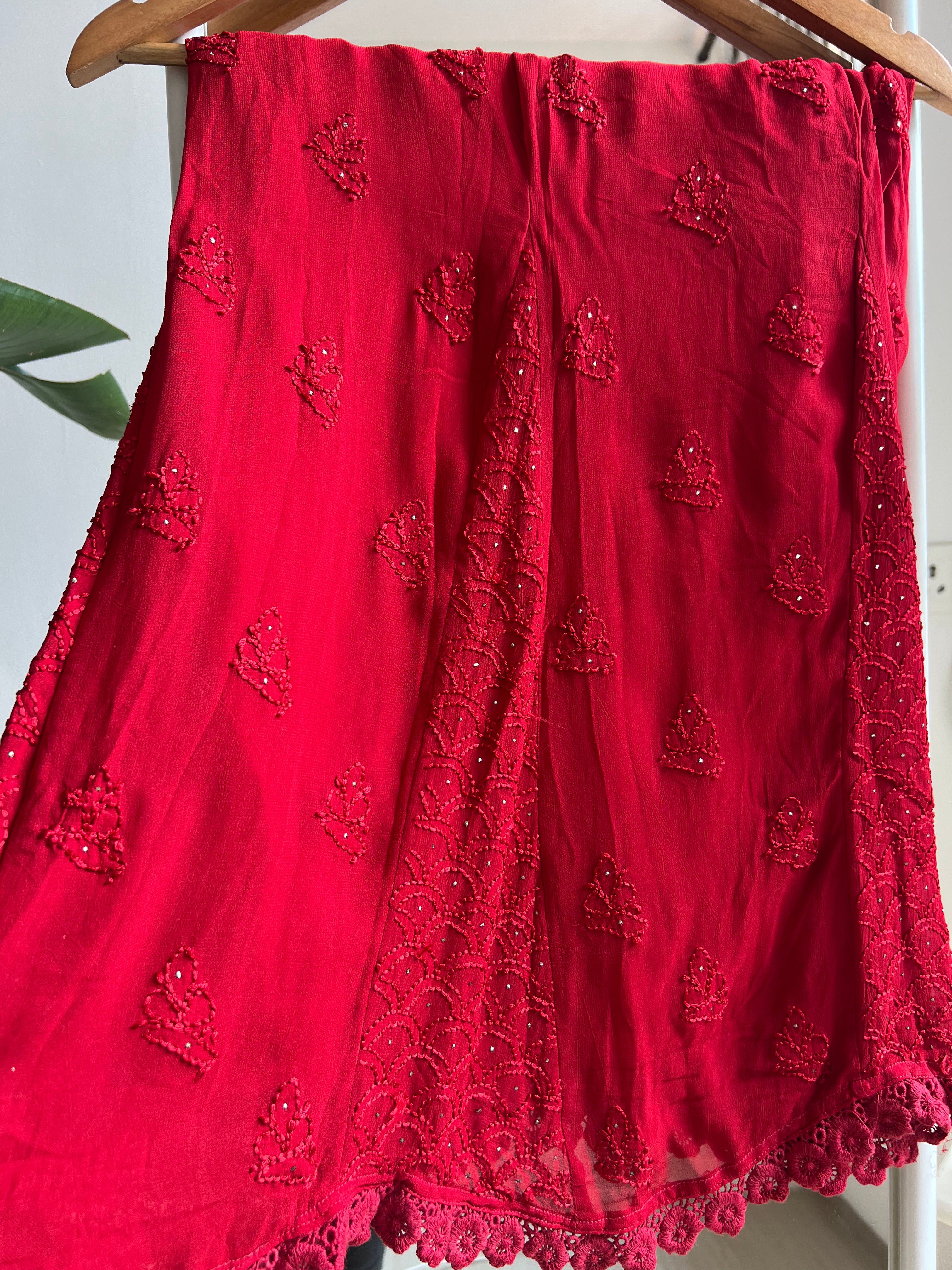 Chikankari Plazzo with mukaish - Flare - Red ARIAA CHIKANKARI