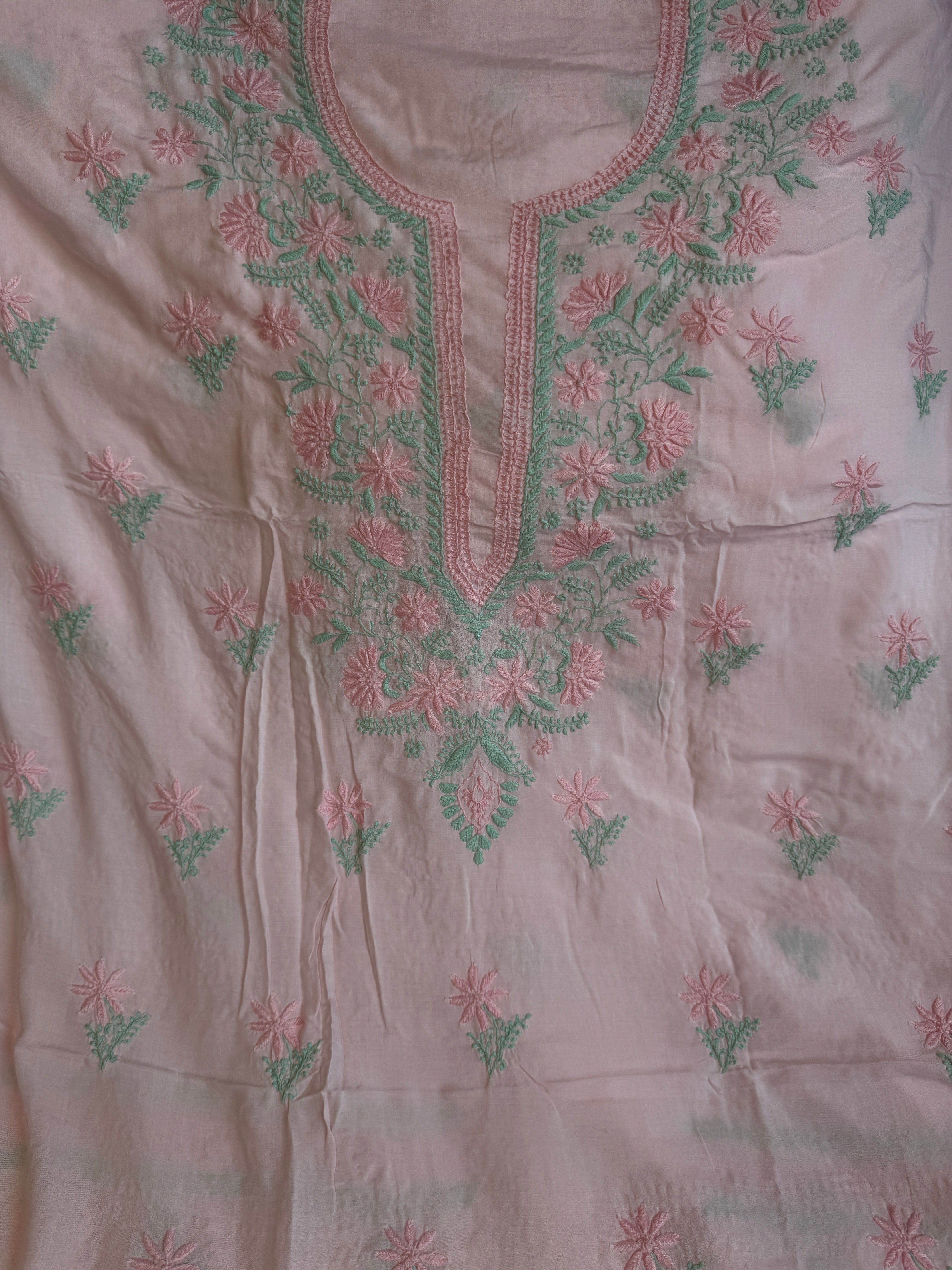 Modal Chikankari Unstitched Kurti Fabric - Pink-Multi Thread ARIAA CHIKANKARI
