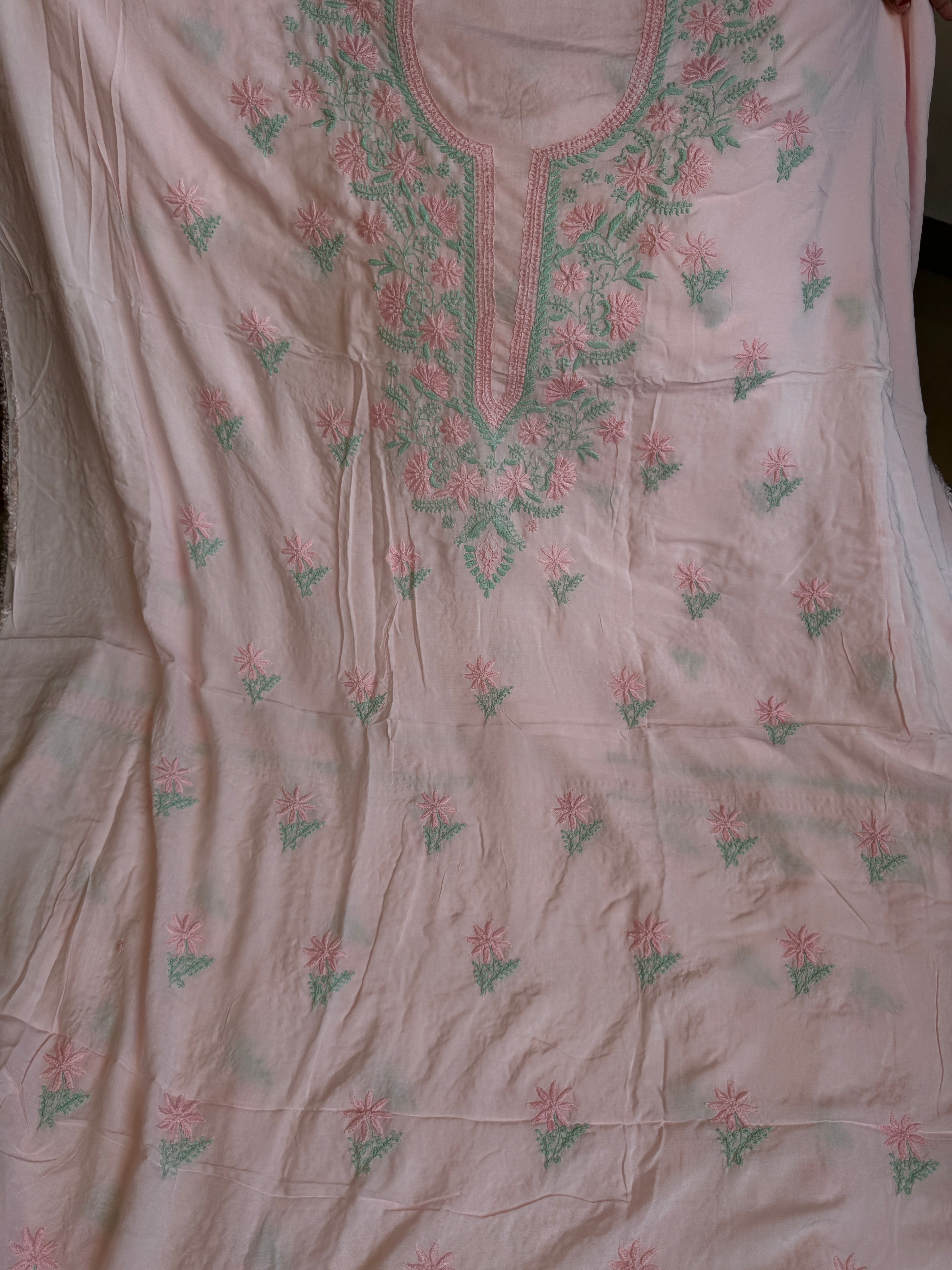 Modal Chikankari Unstitched Kurti Fabric - Pink-Multi Thread ARIAA CHIKANKARI