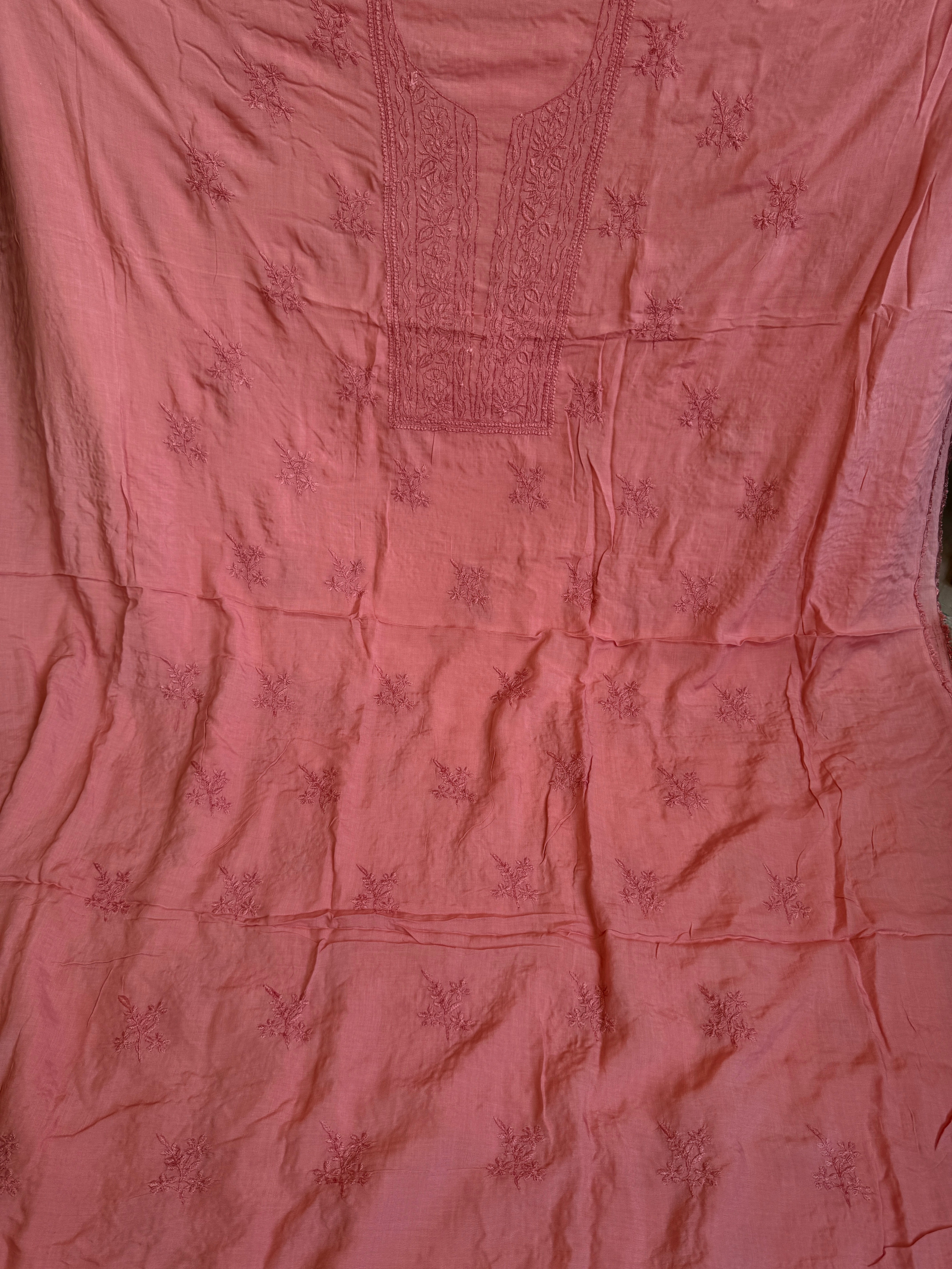 Modal Unstitched Kurti Fabric - Rosewood Pink ARIAA CHIKANKARI