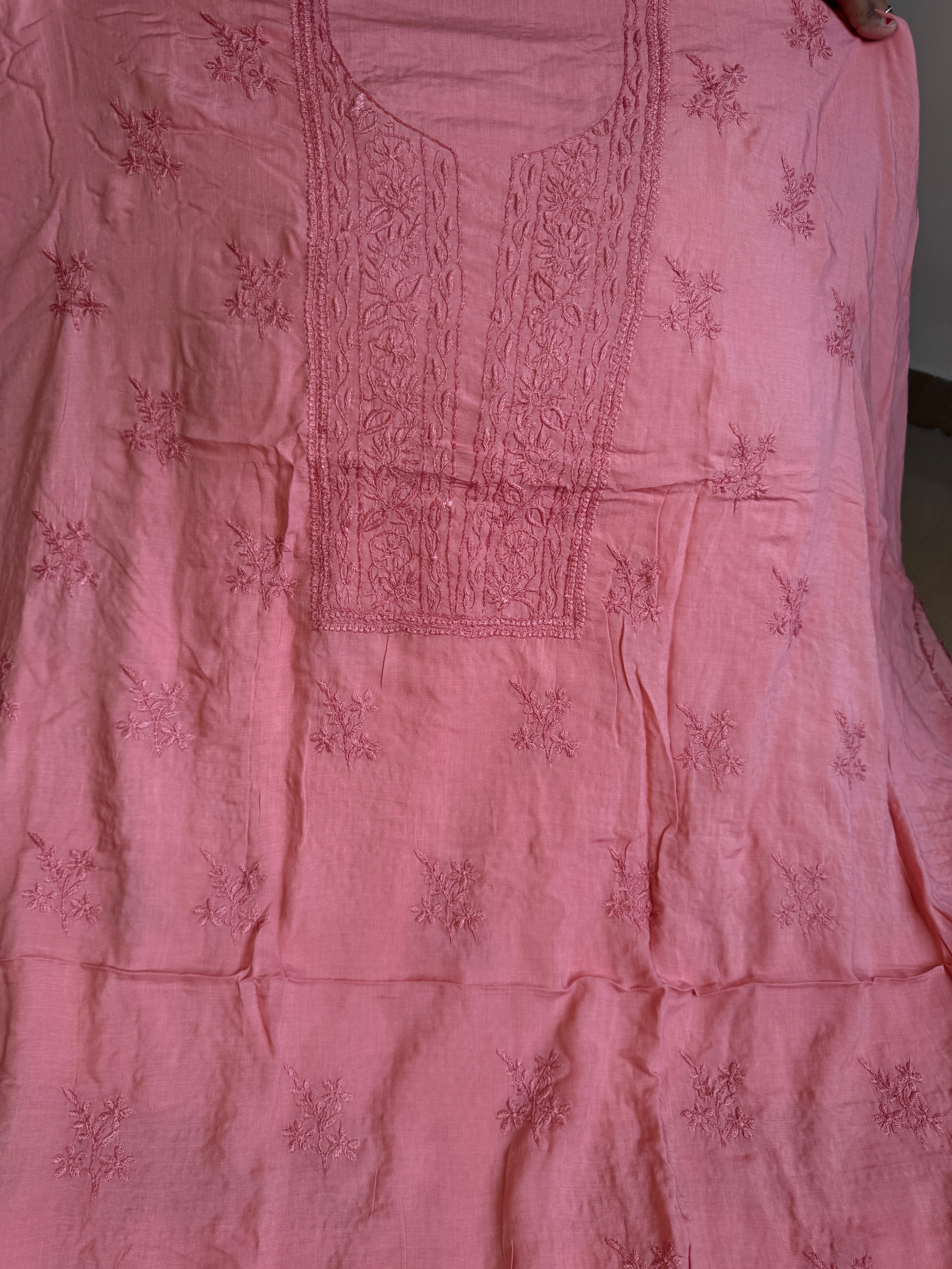 Modal Unstitched Kurti Fabric - Rosewood Pink ARIAA CHIKANKARI