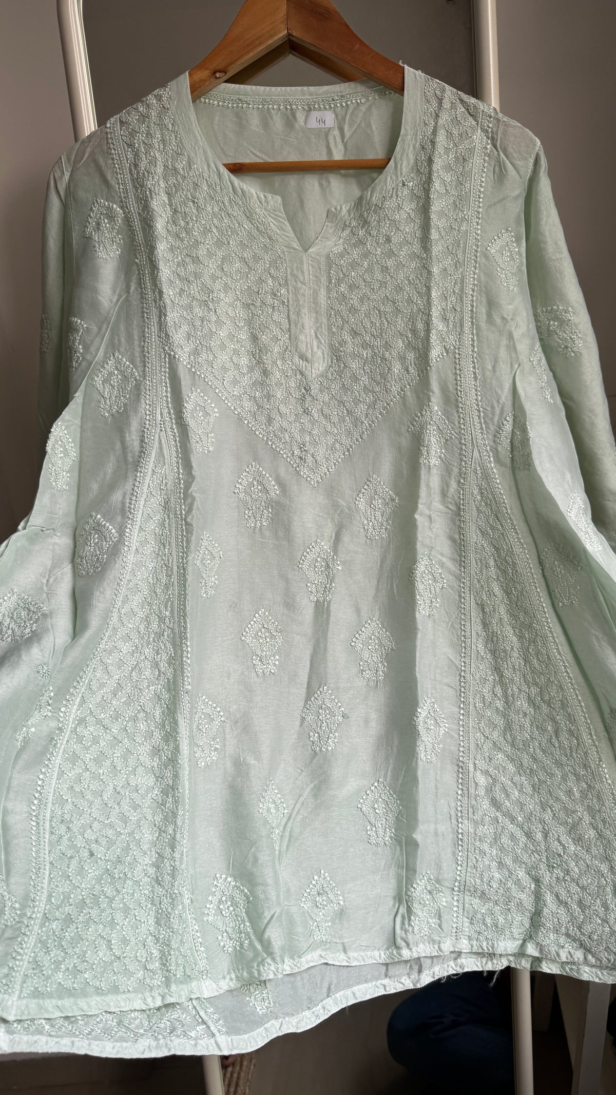 Raw Silk Chikankari kali short Top - Mint green