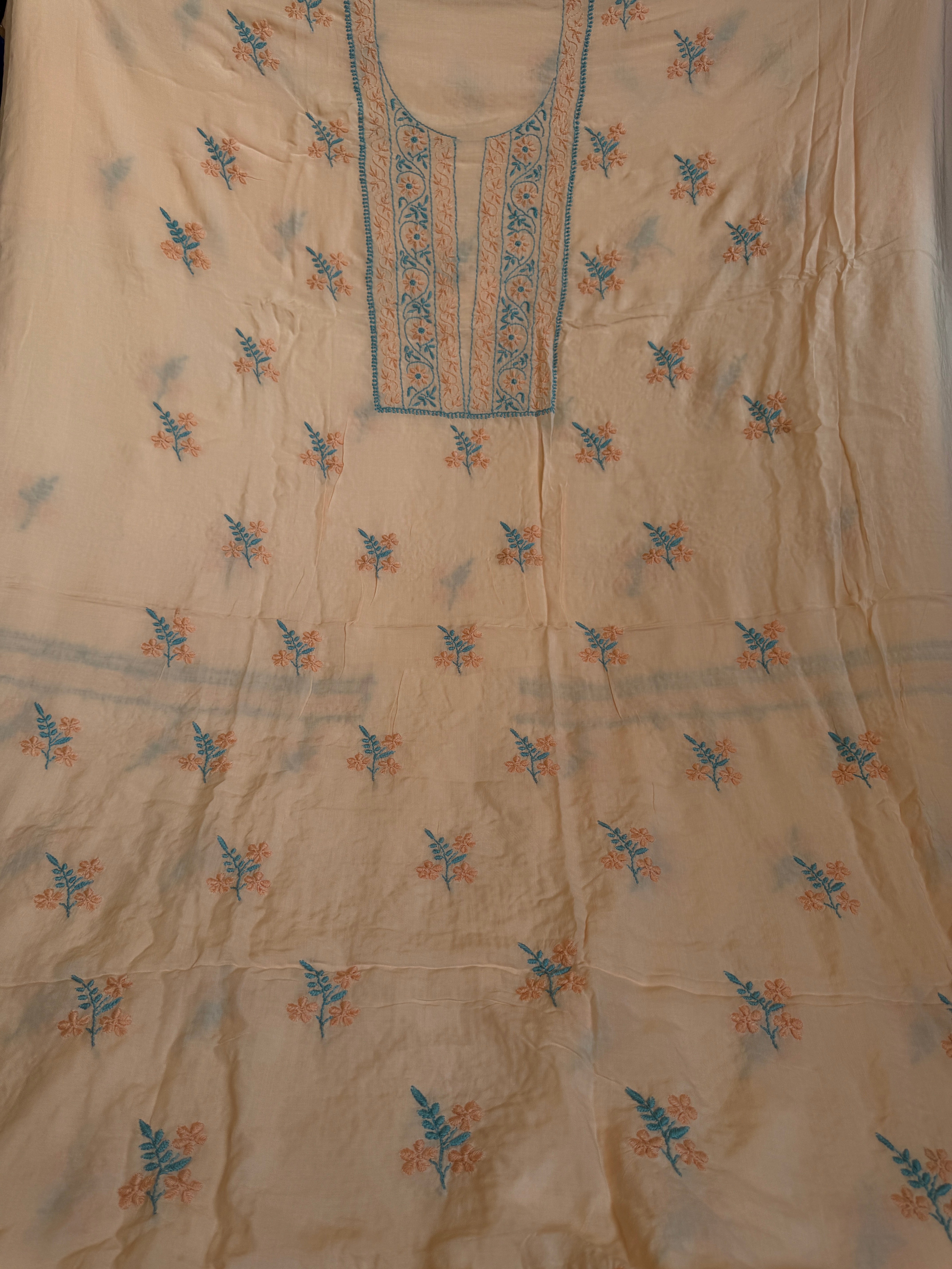 Modal Unstitched Kurti Fabric - Peach- Multi Threadwork ARIAA CHIKANKARI