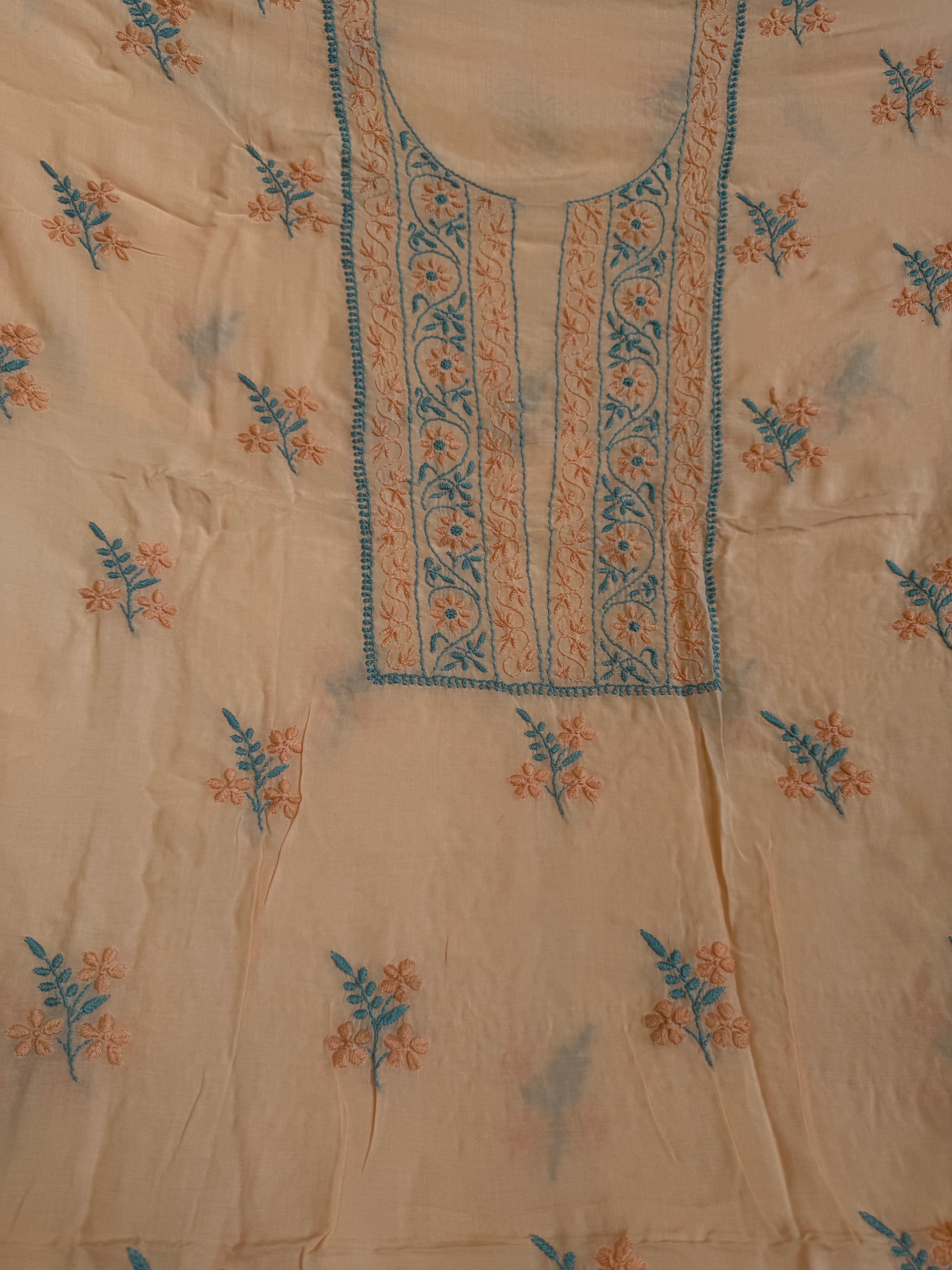 Modal Unstitched Kurti Fabric - Peach- Multi Threadwork ARIAA CHIKANKARI