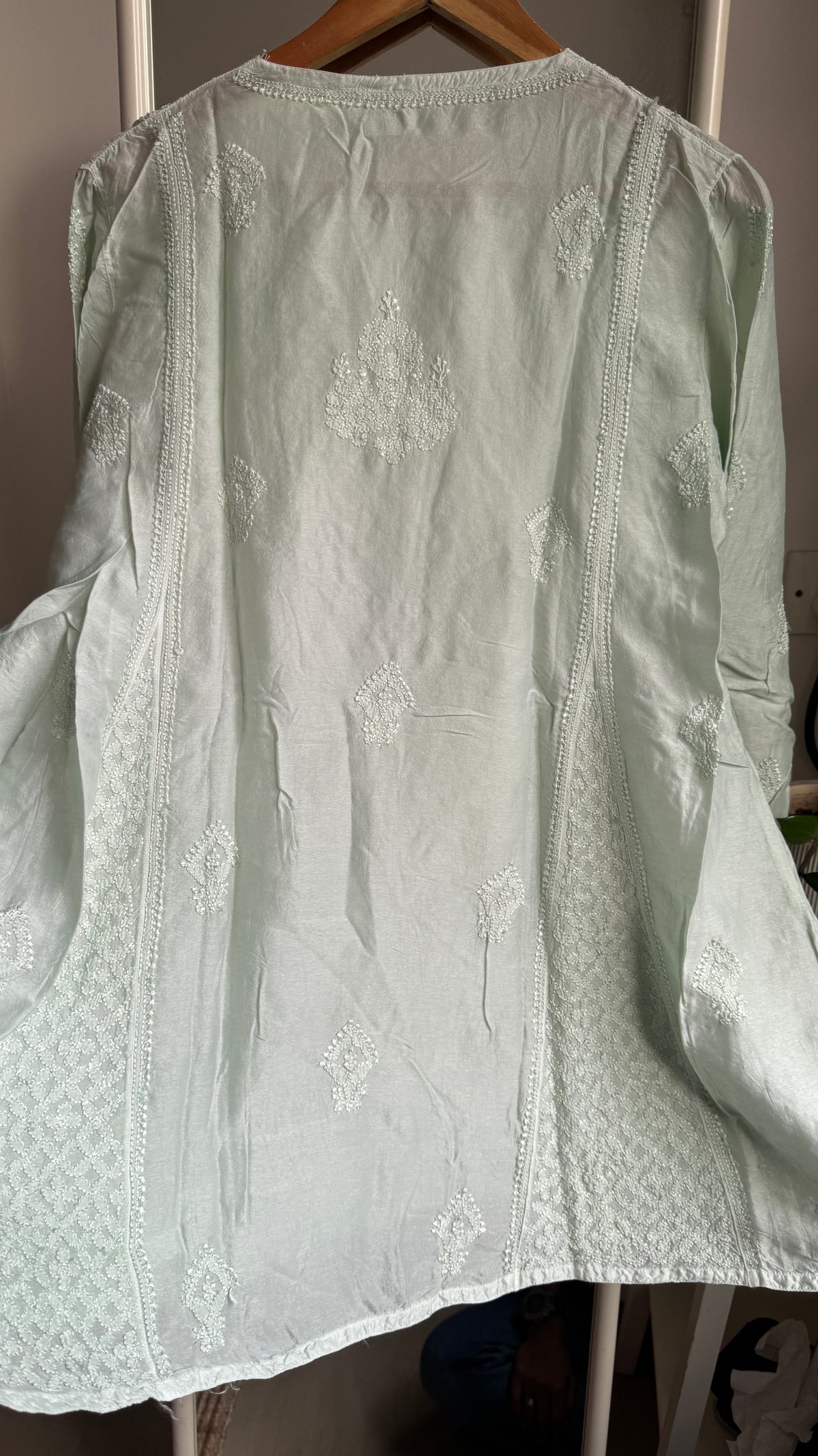 Raw Silk Chikankari kali short Top - Mint green